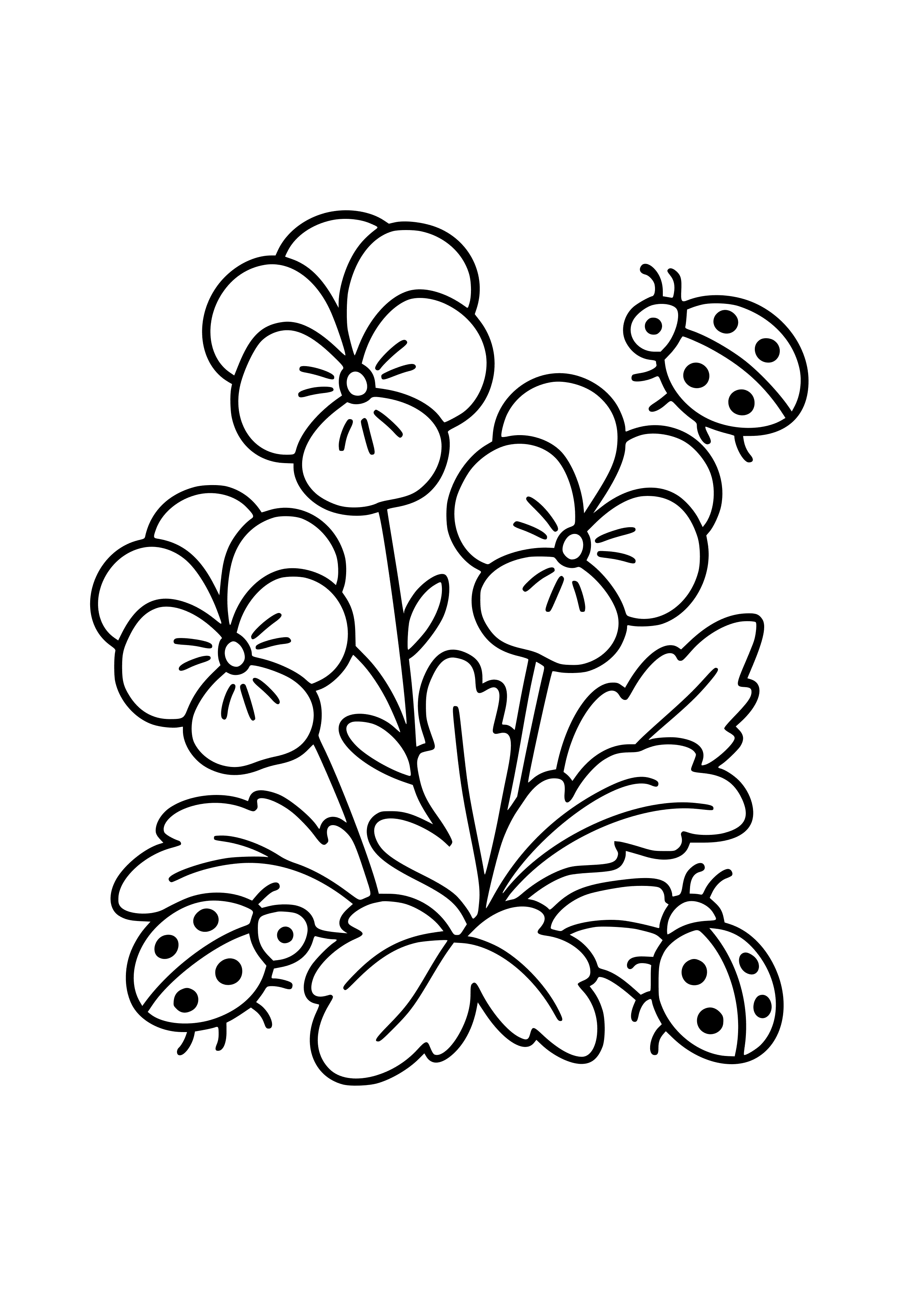 Pansy Patch with Ladybugs Coloring Page