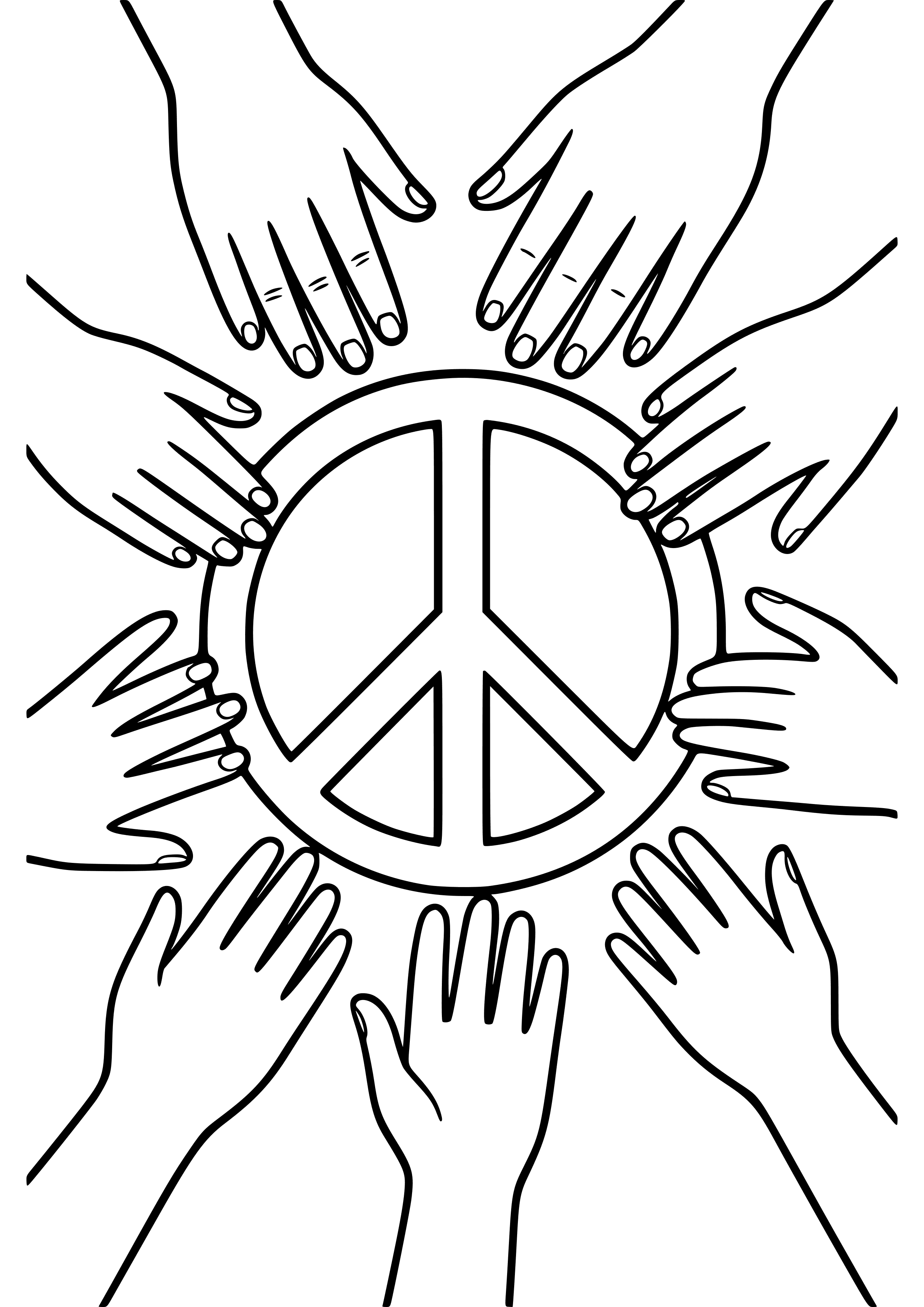 Peace Symbol Surrounded by Hands Coloring Page