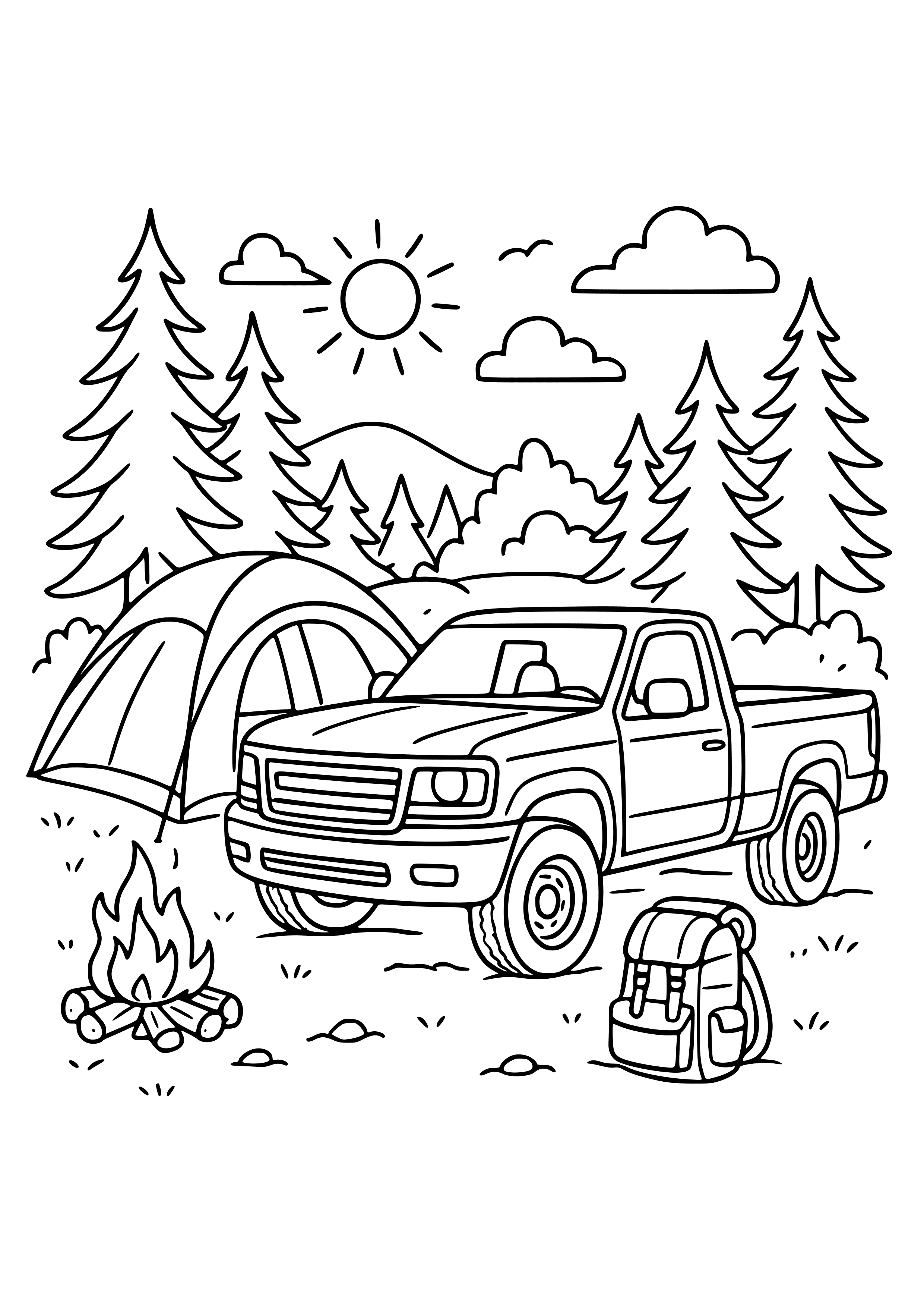 Pickup Truck at a Camping Site Coloring Page