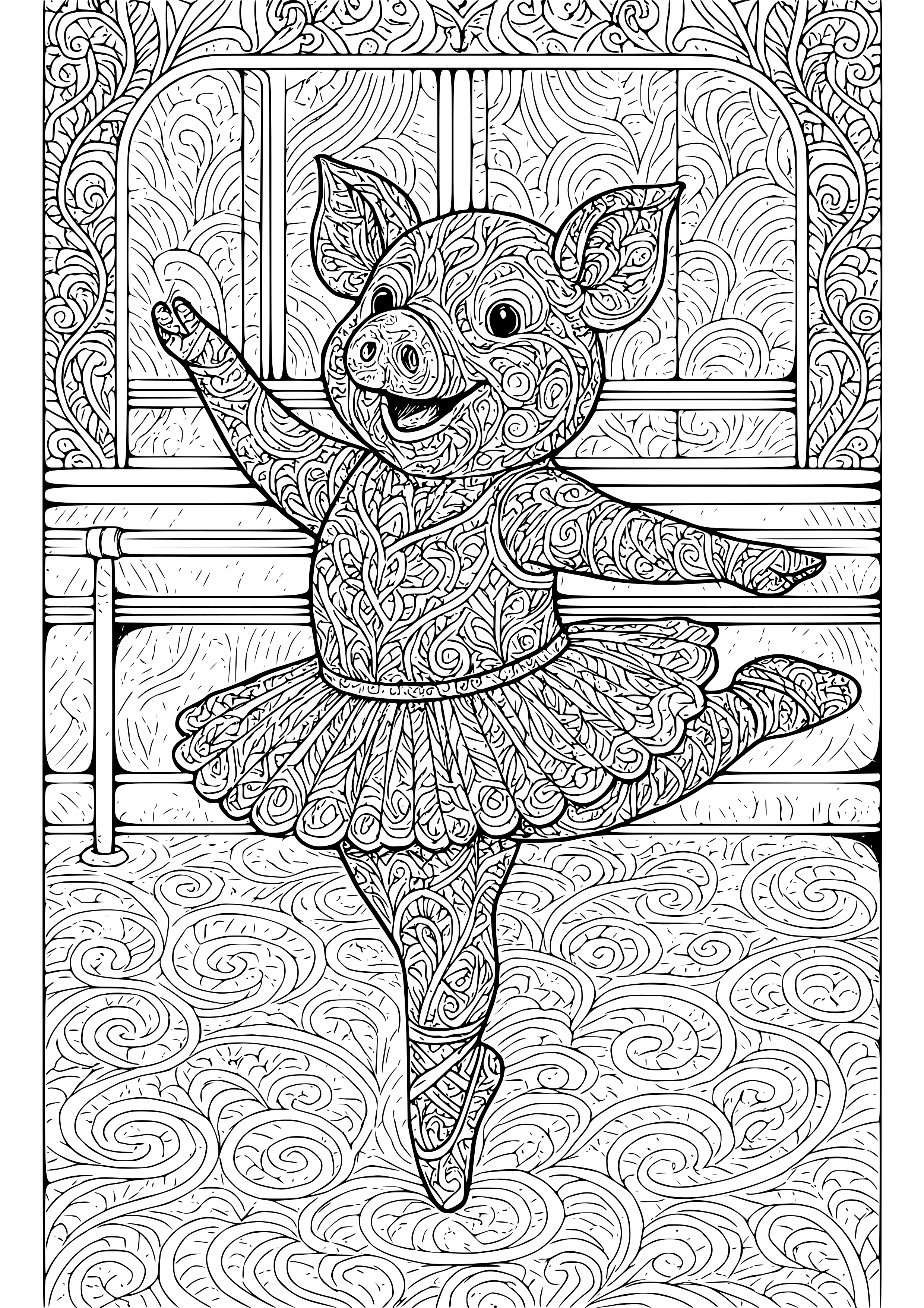 Pig in a Tutu Playing in a Ballet Class Coloring Page