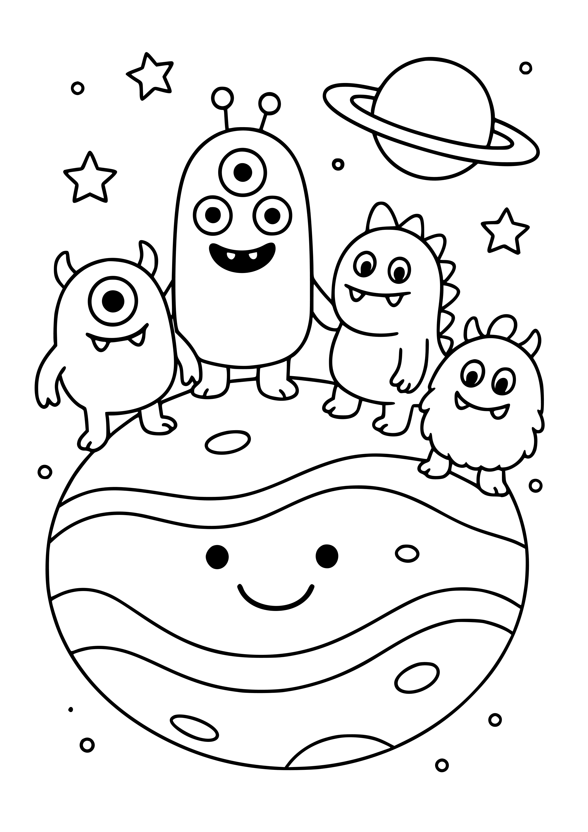 Planet with Friendly Monsters Coloring Page