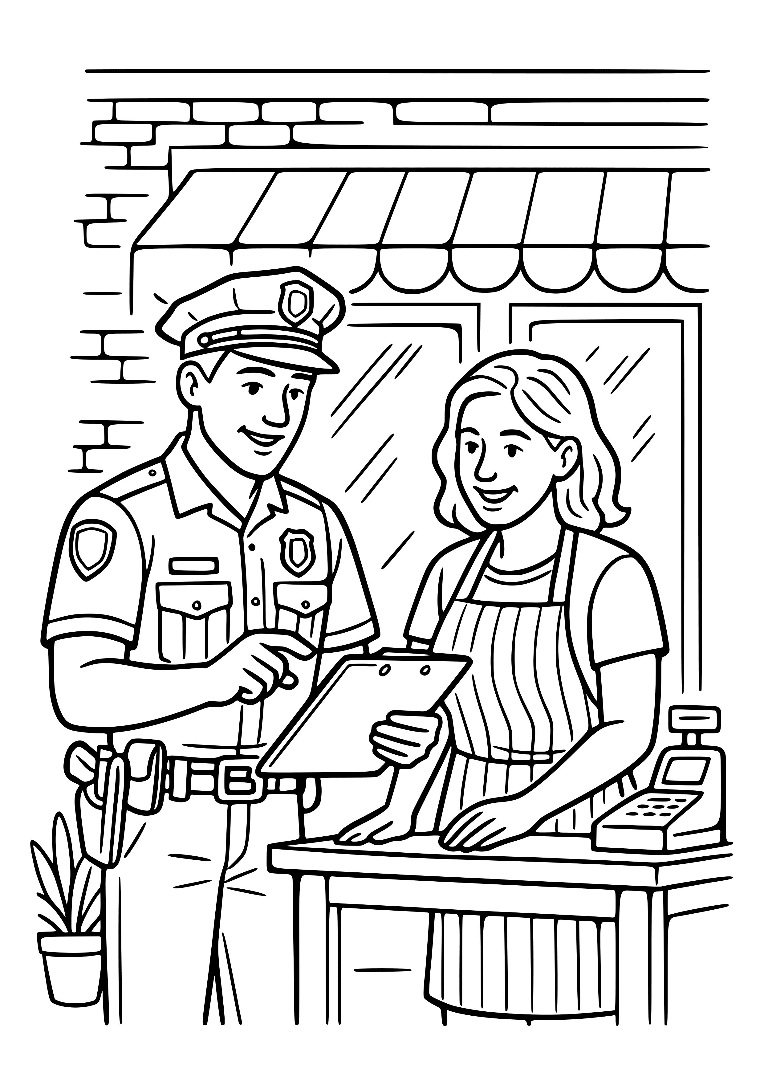 Police Officer Collaborating with Local Businesses Coloring Page