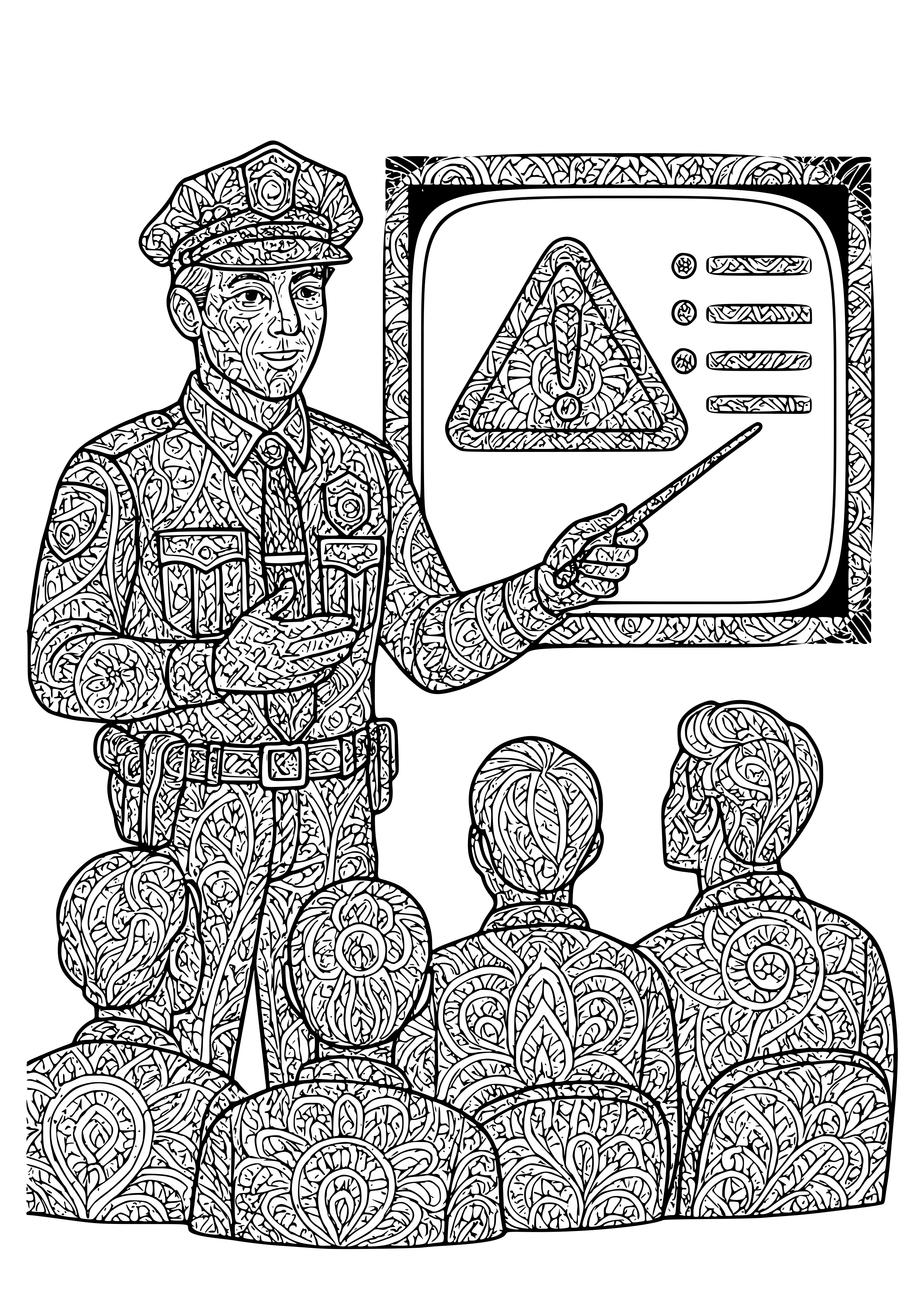 Police Officer Giving a Safety Presentation Coloring Page