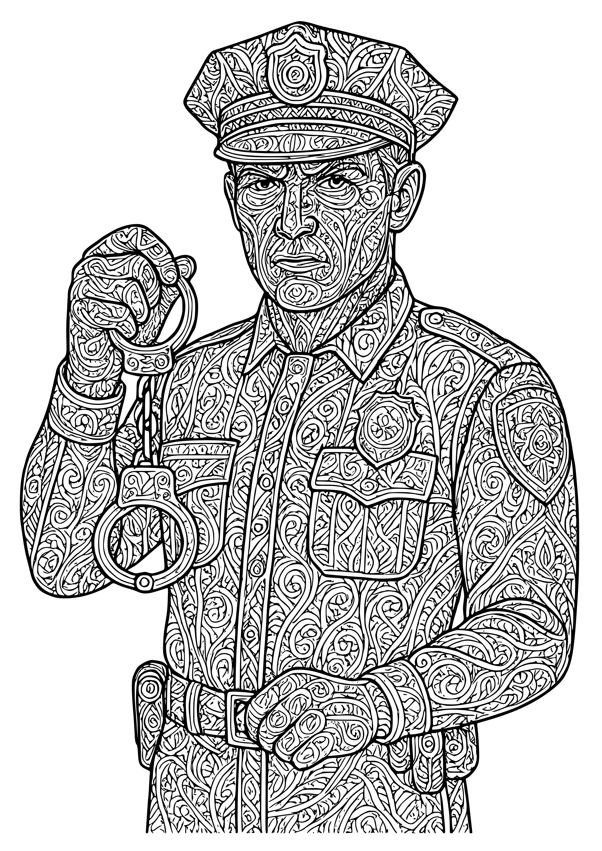 Police Officer Holding Handcuffs with a Serious Expression Coloring…