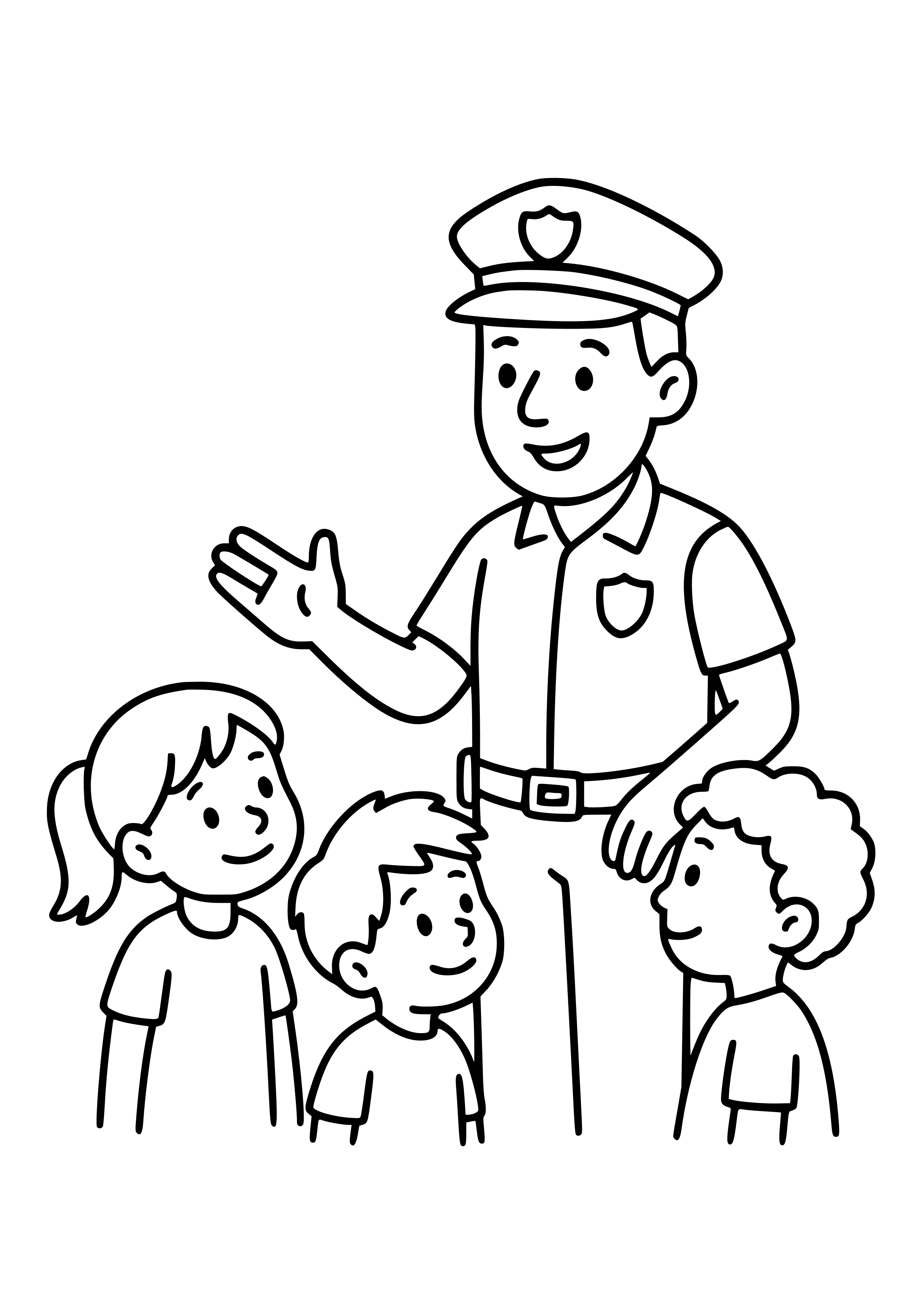 Police Officer Talking to Children Coloring Page