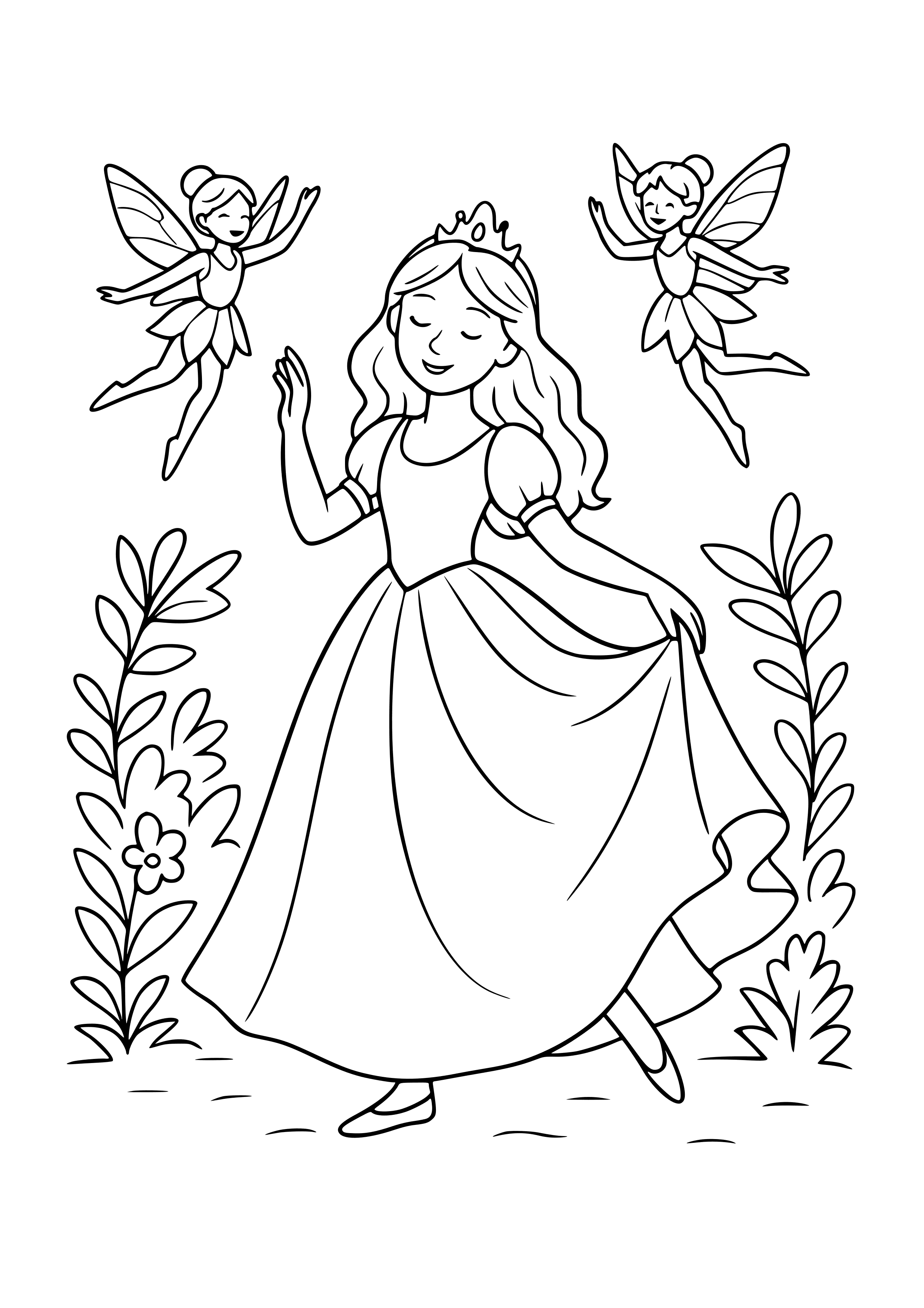 Princess Dancing with Woodland Fairies Coloring Page