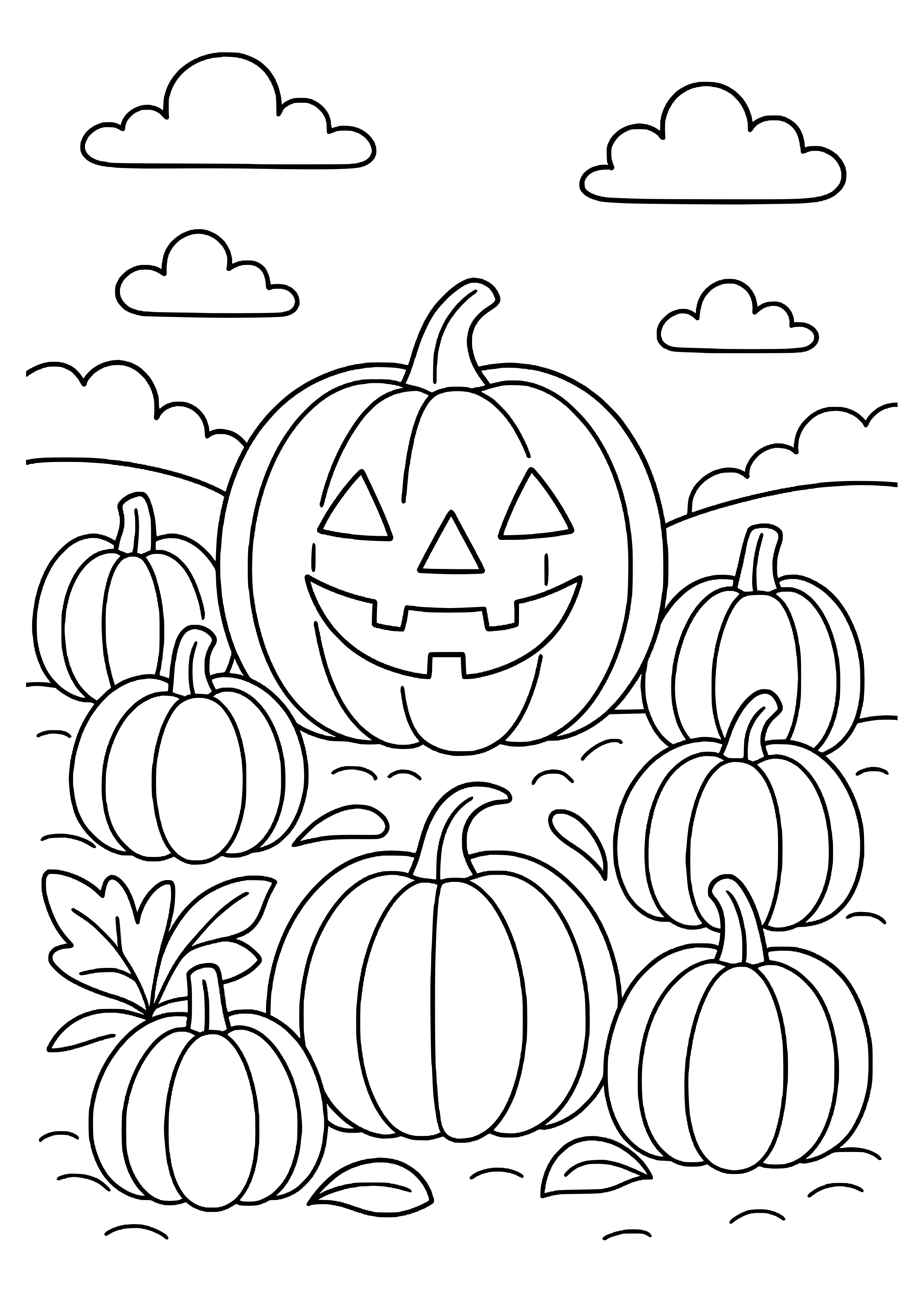Pumpkin Patch with Various Pumpkins Coloring Page
