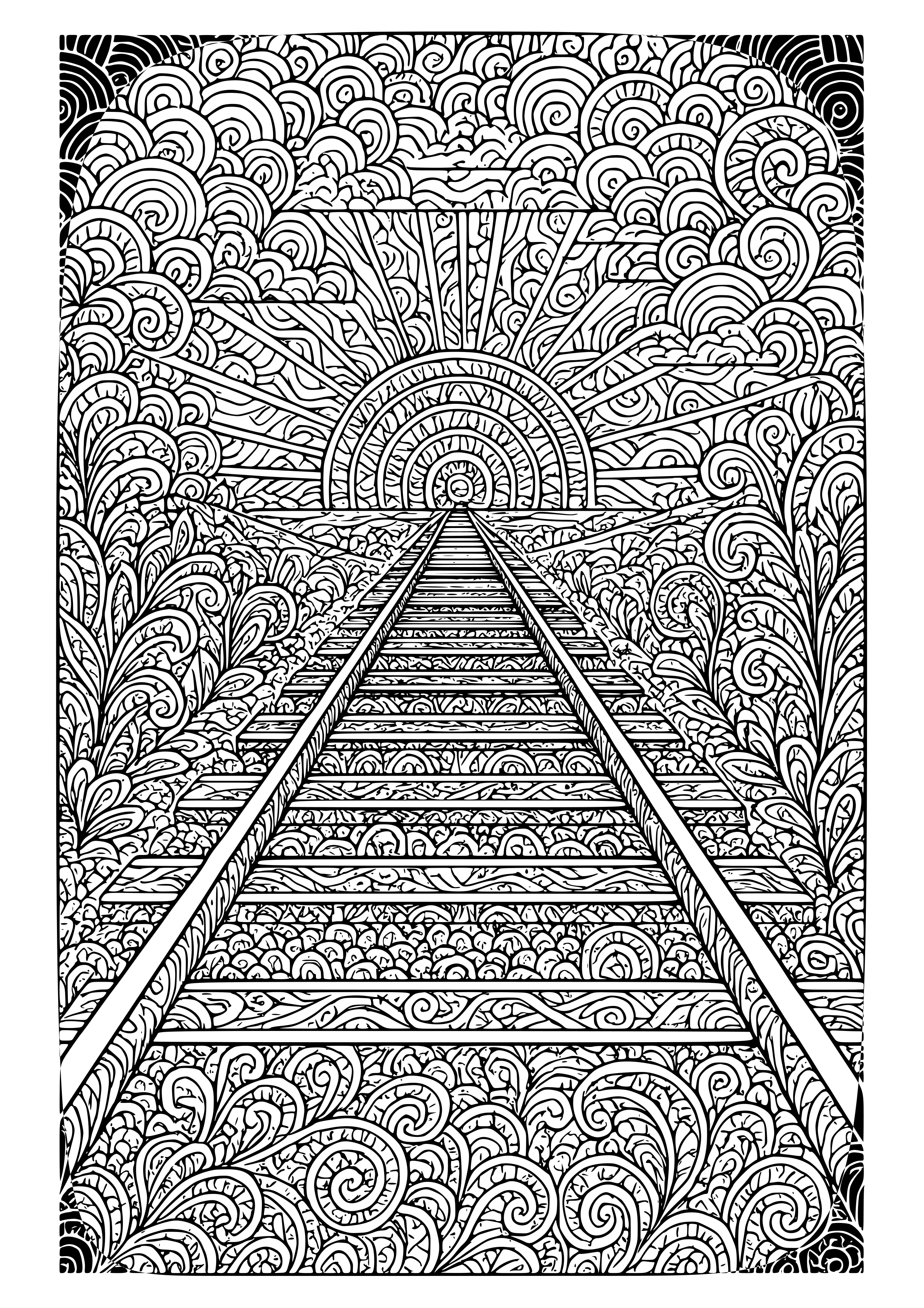 Railroad Tracks Disappearing Into the Sunset Coloring Page