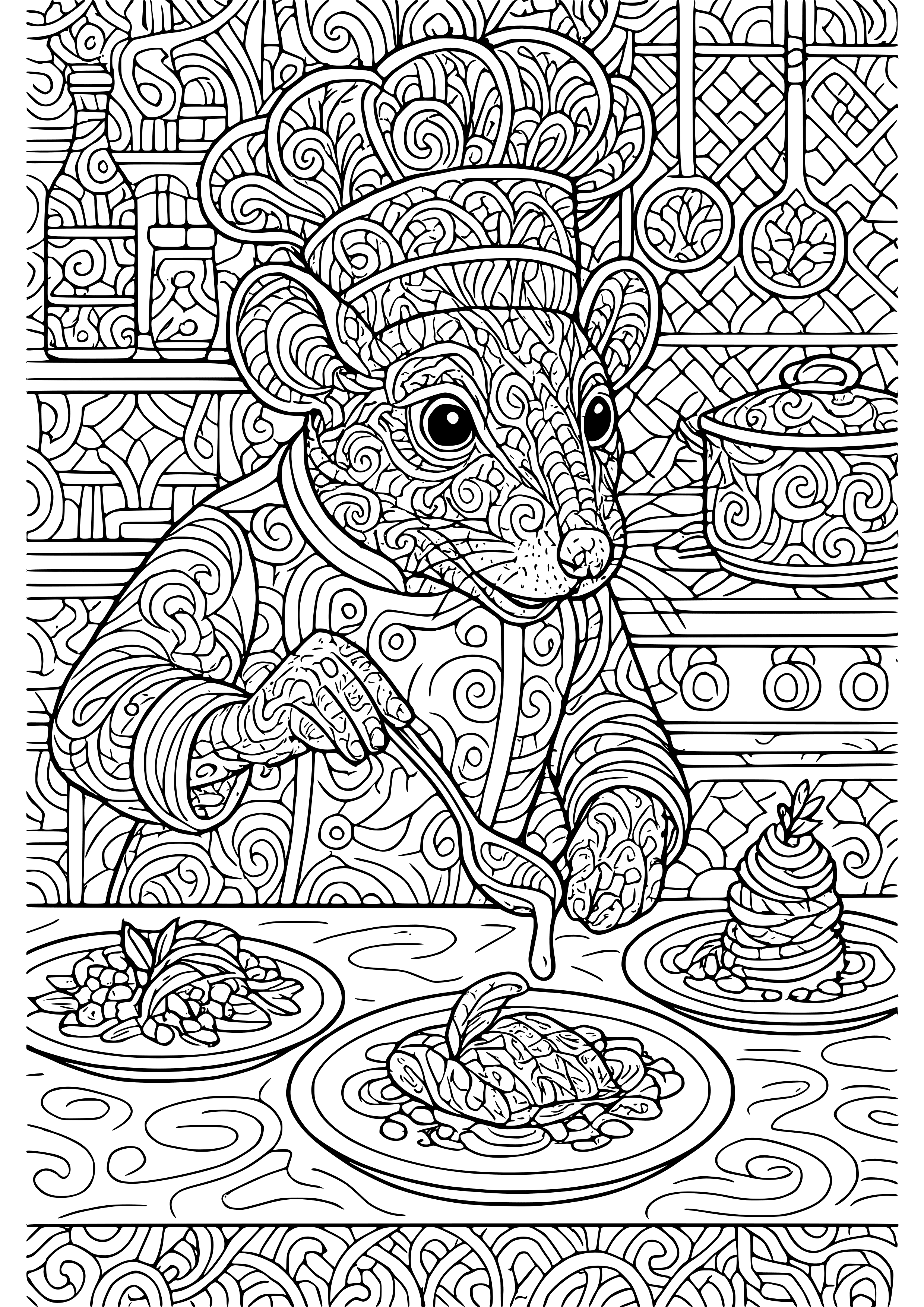 Rat Chef Preparing Gourmet Dishes in a Restaurant Coloring Page