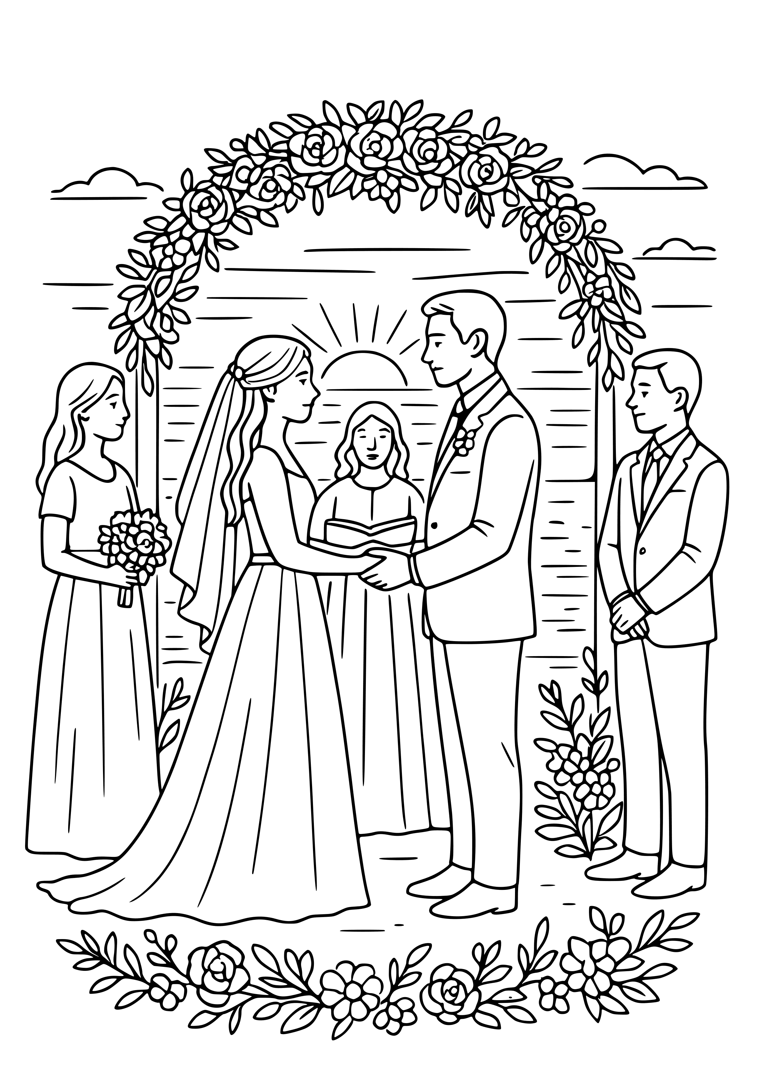 Romantic Sunset Wedding Ceremony Coloring Page