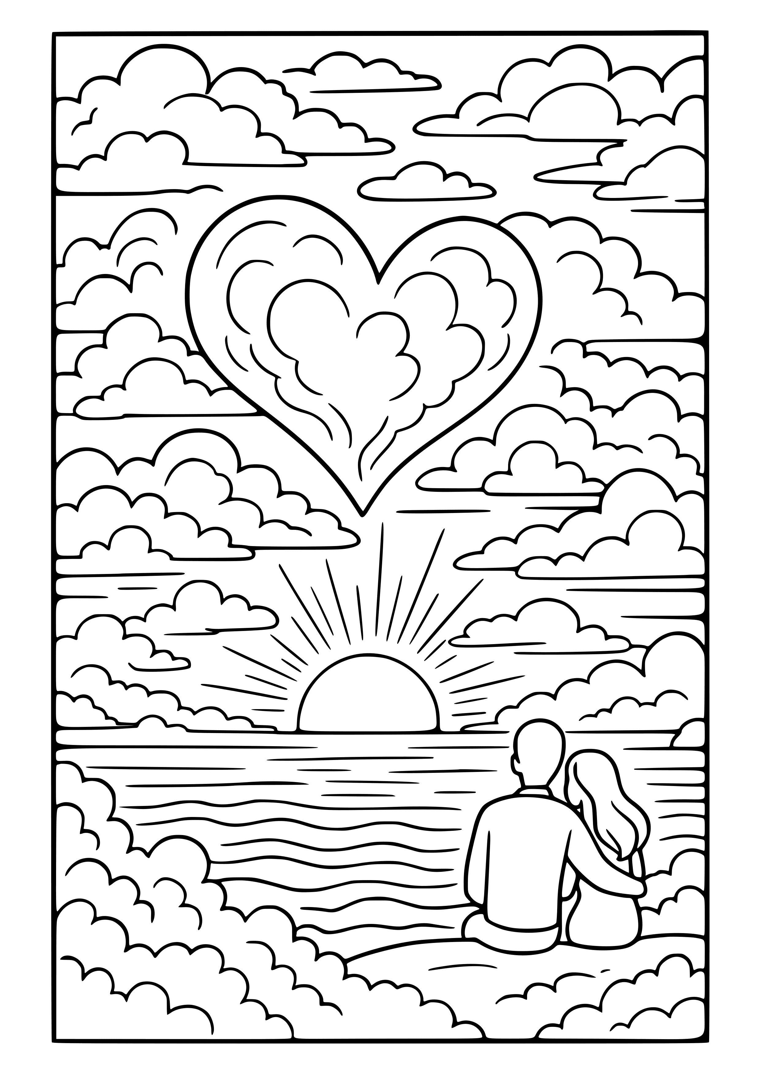 Romantic Sunset with Heart-shaped Clouds Coloring Page
