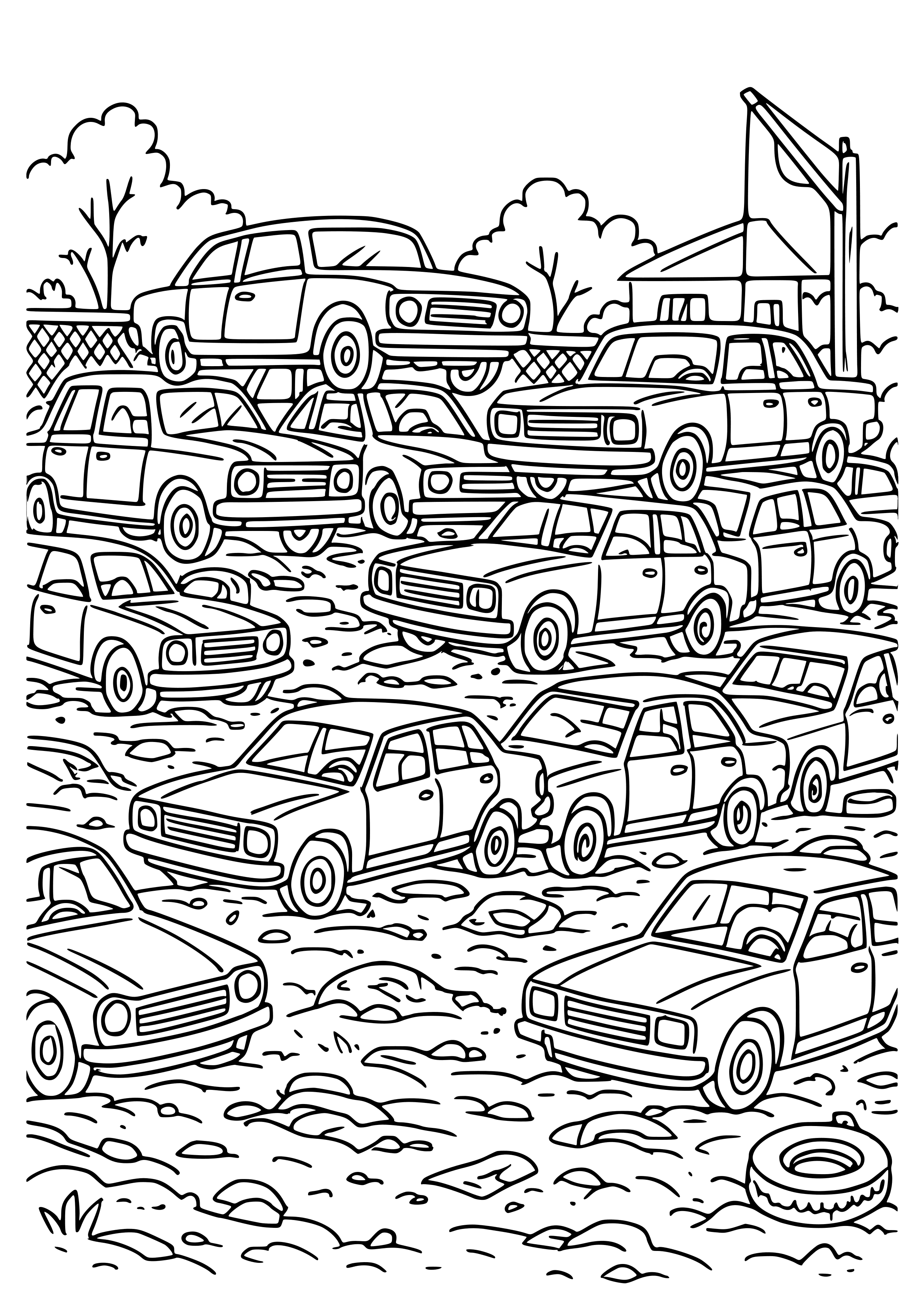 Salvage Yard Filled with Old Cars Coloring Page