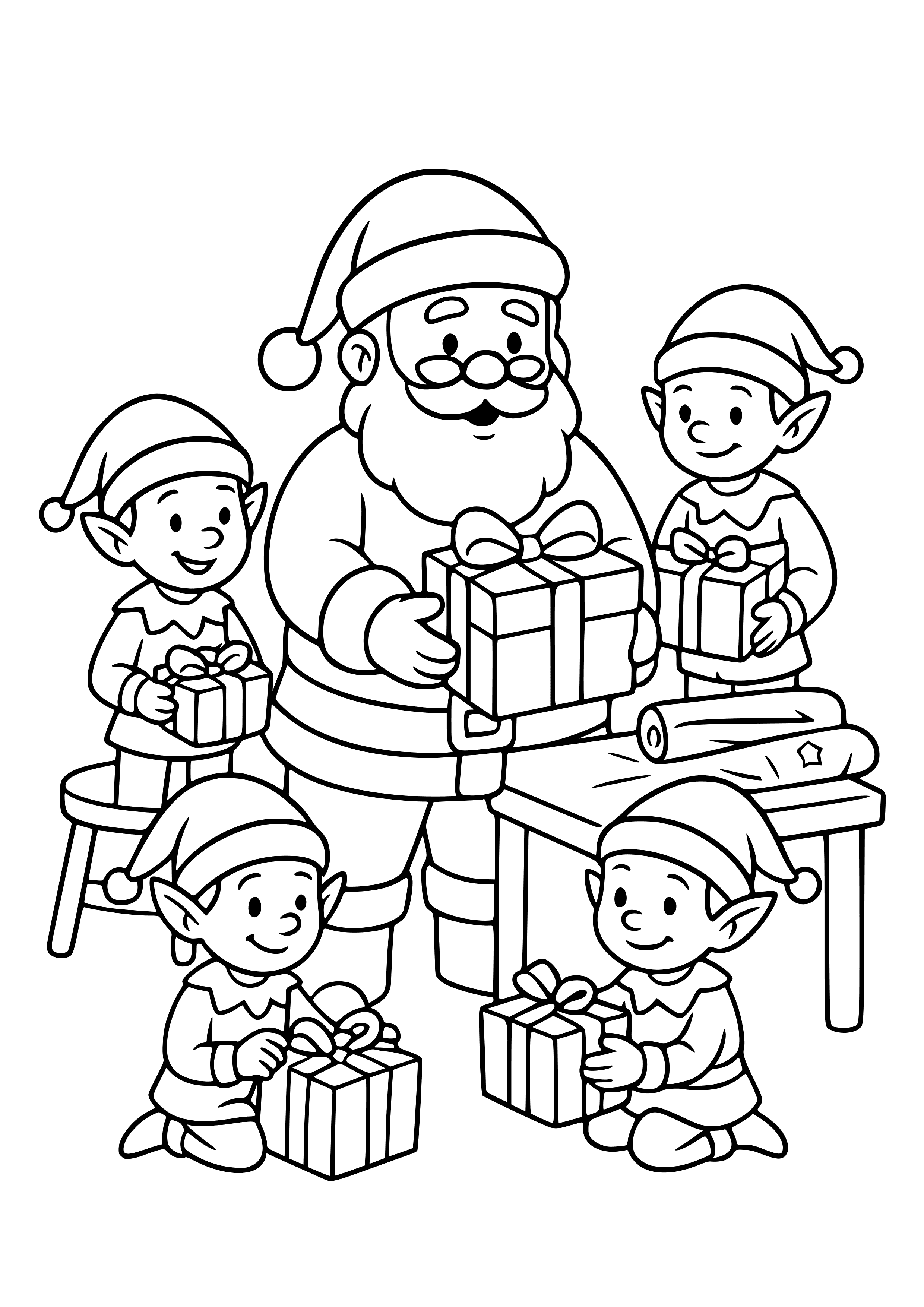 Santa and His Elves Preparing Gifts Coloring Page