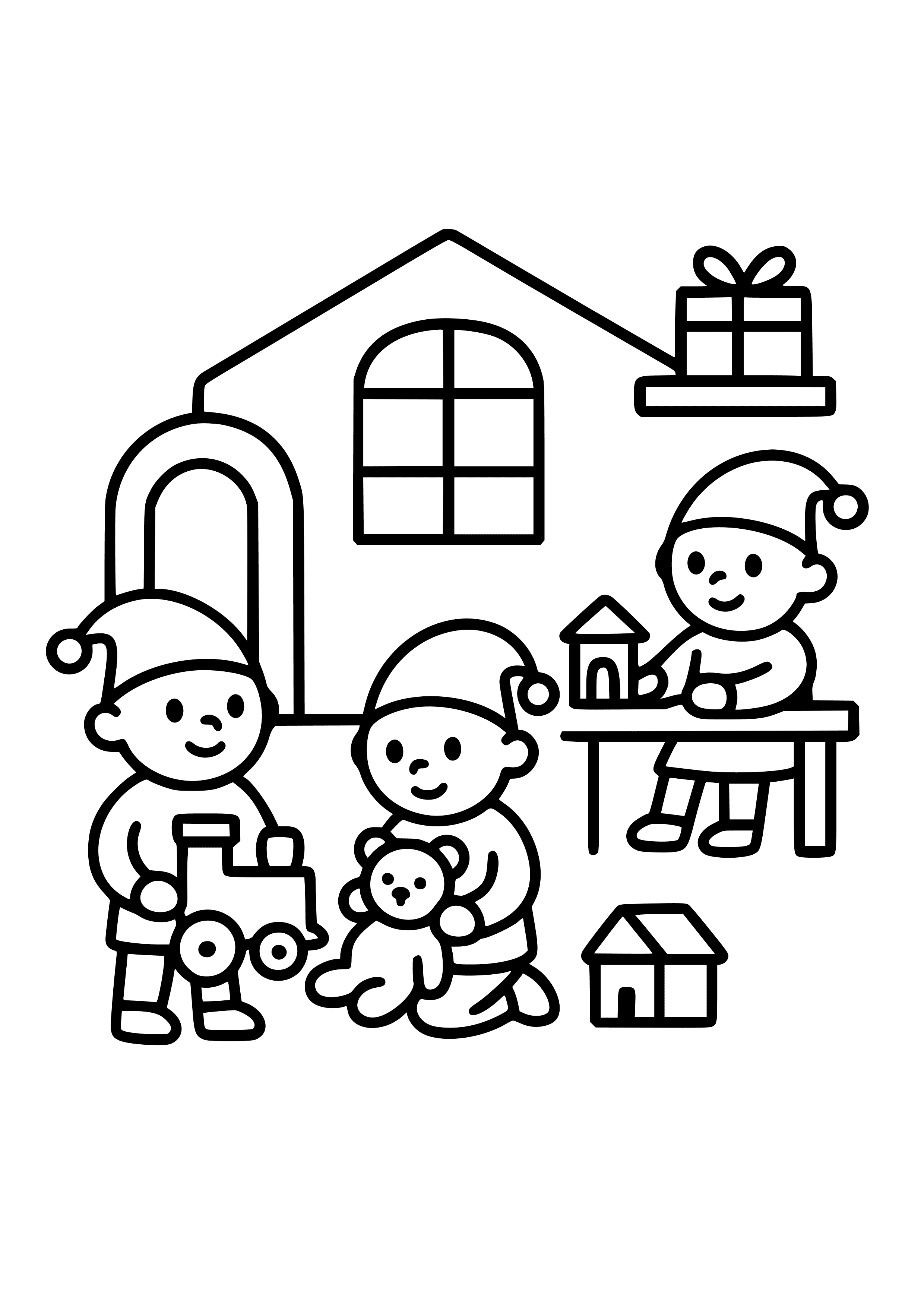 Santa's Workshop with Elves Coloring Page