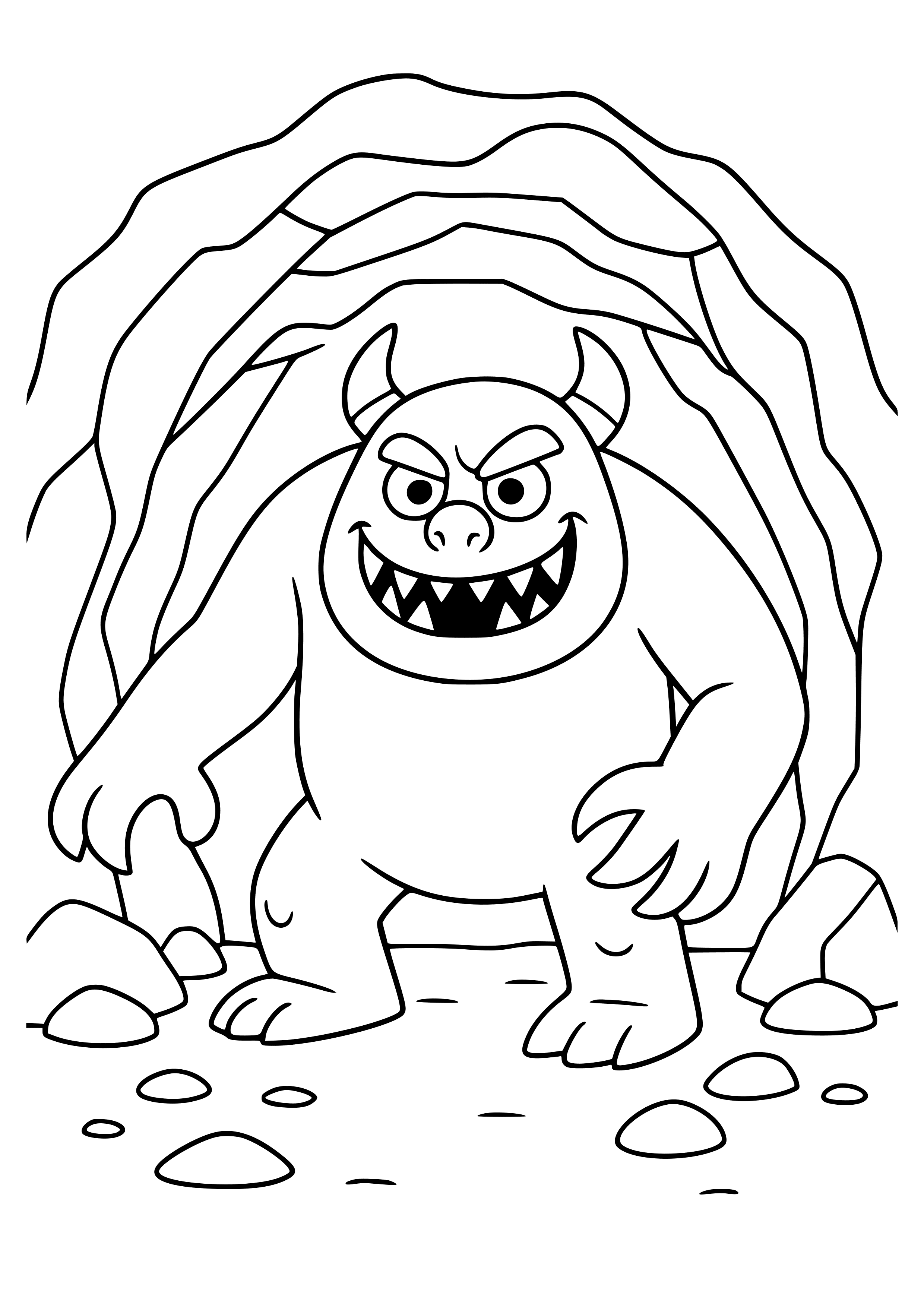 Scary Green Monster Lurking in a Cave Coloring Page