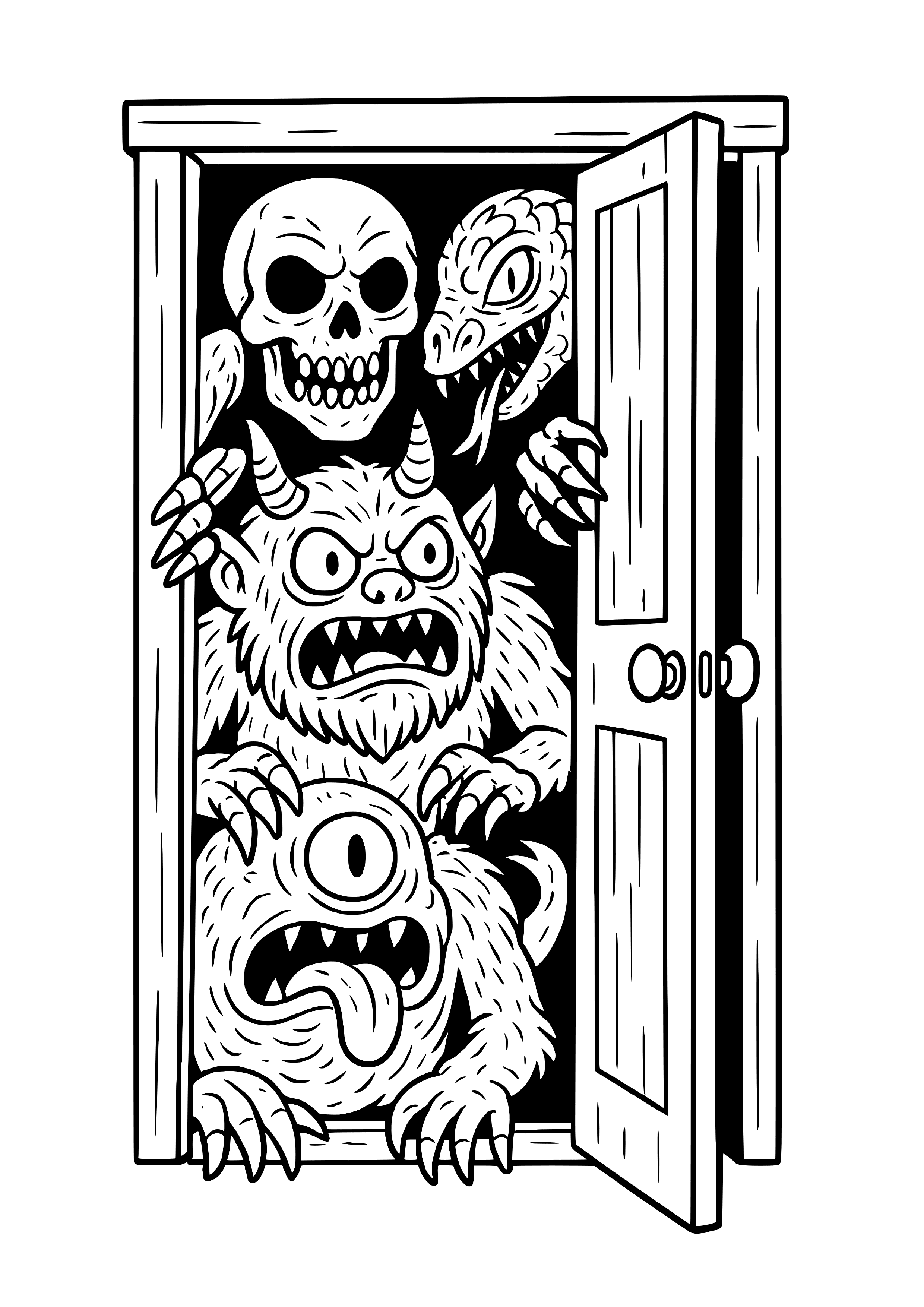 Scary Monsters Hiding in the Closet Coloring Page