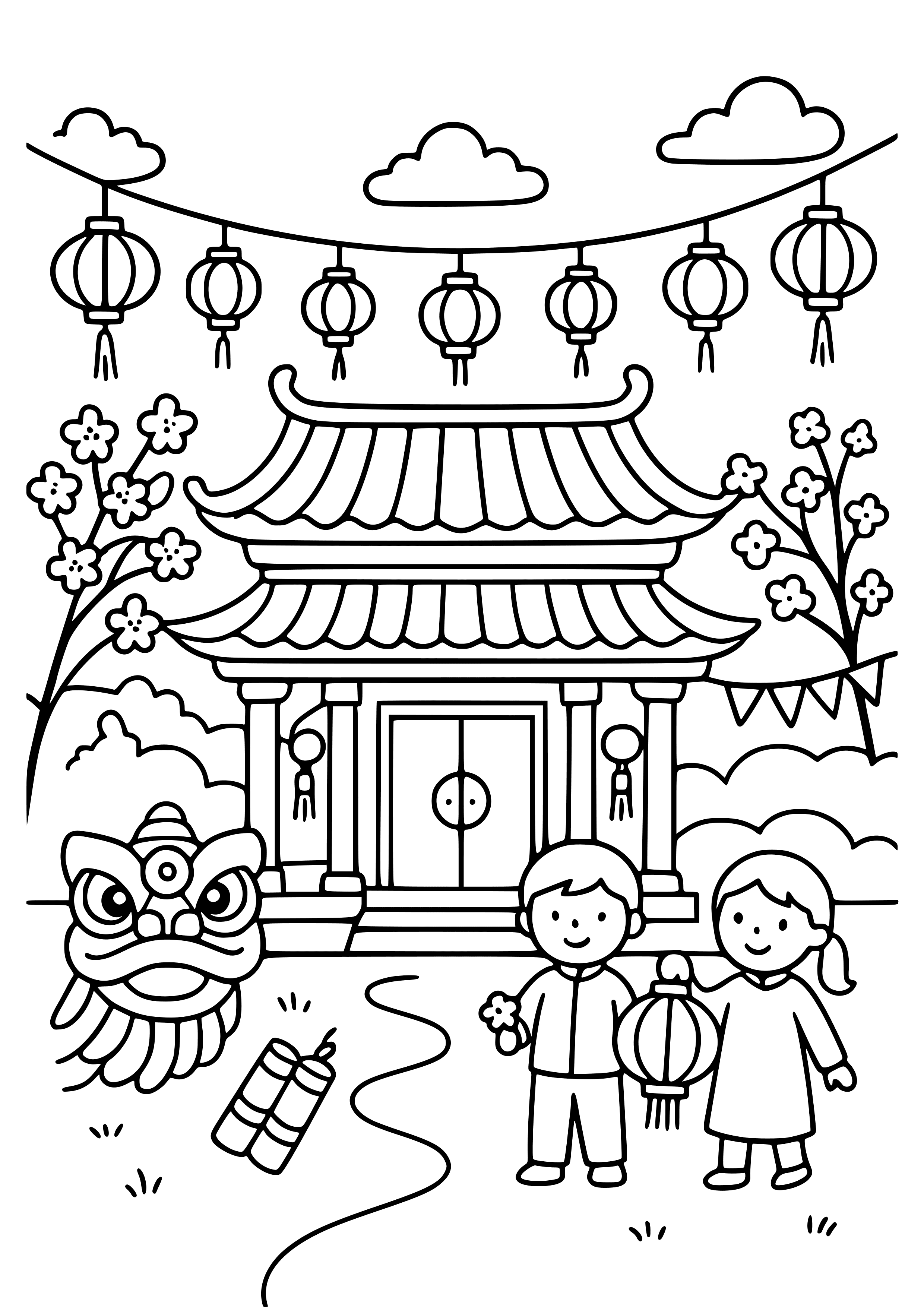 Serene Scene of a Temple During Festivities Coloring Page