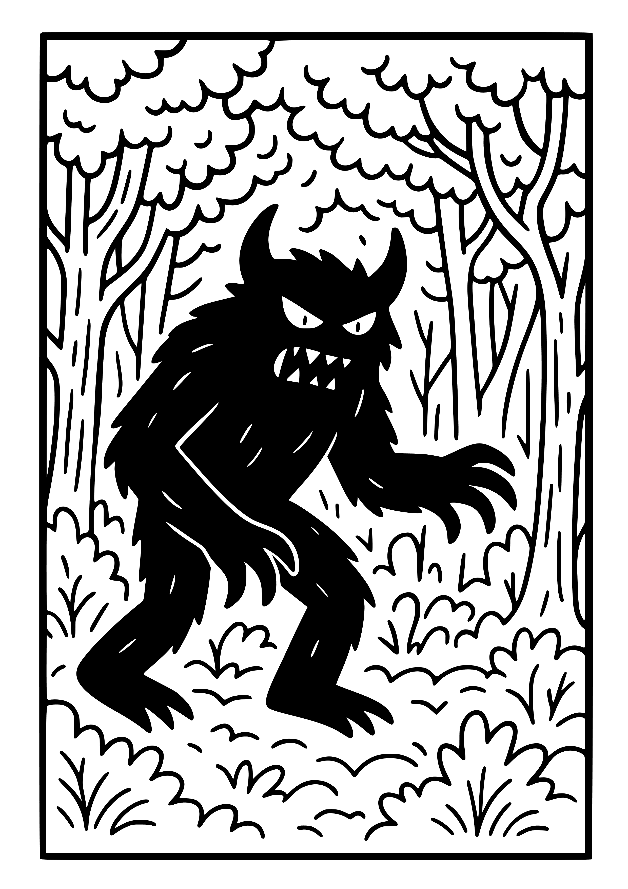Shadowy Gray Monster Creeping Through the Woods Coloring Page