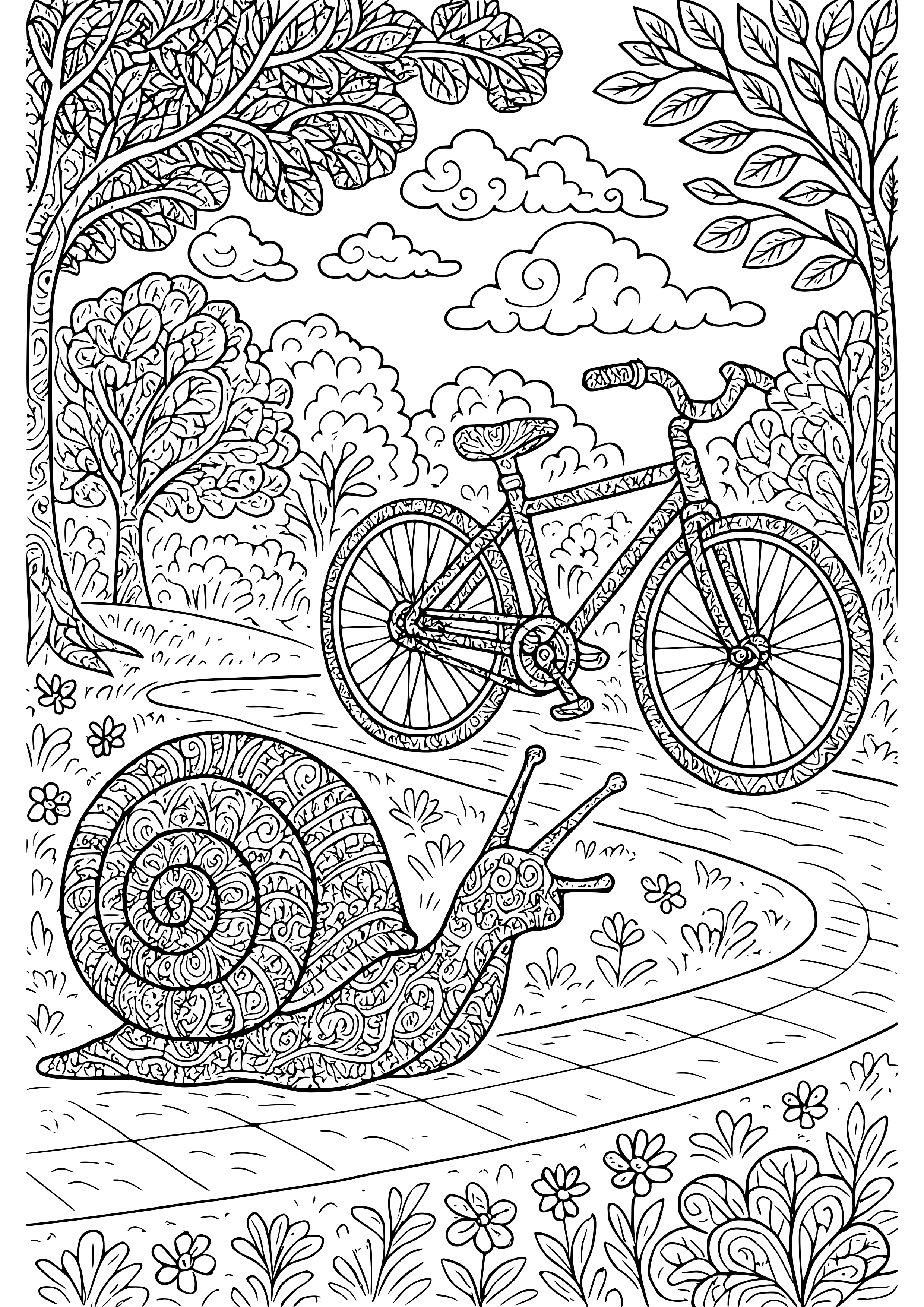 Snail Racing Against a Bicycle in a Park Coloring Page