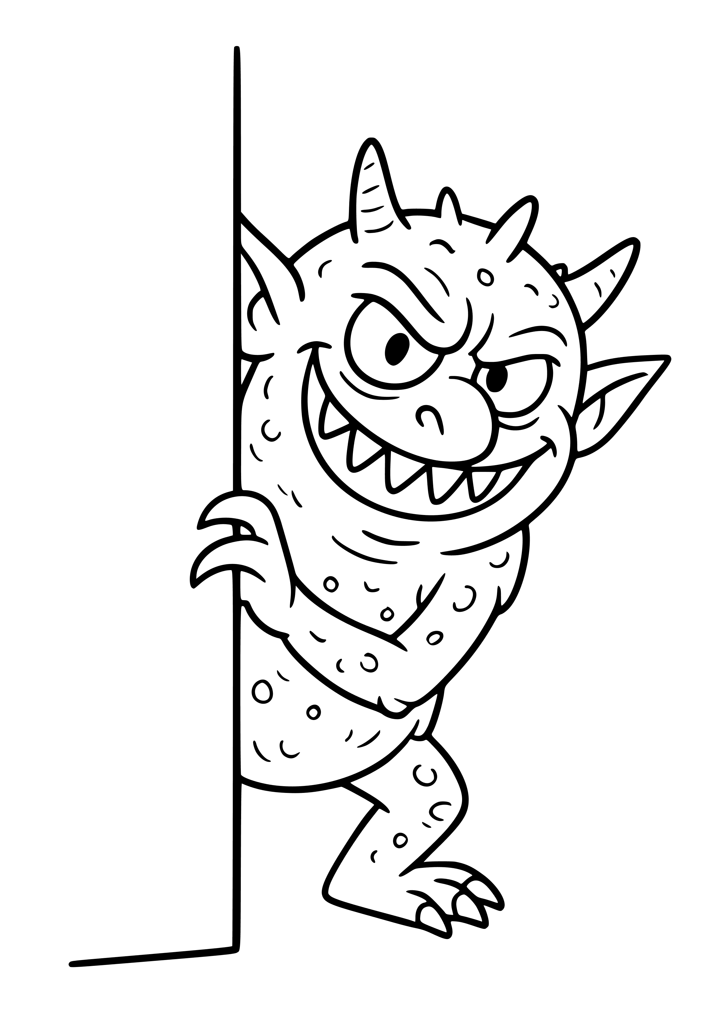 Sneaky Green Monster Peeking Around a Corner Coloring Page
