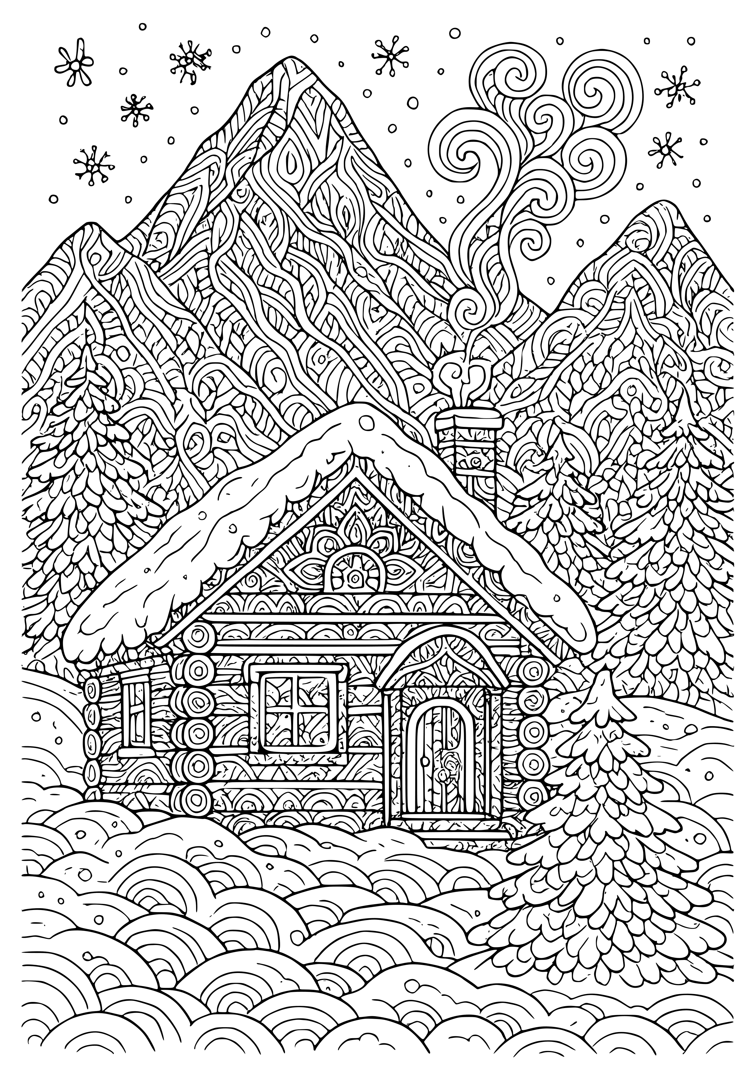 Snowy Mountain Cabin with Smoke Coloring Page