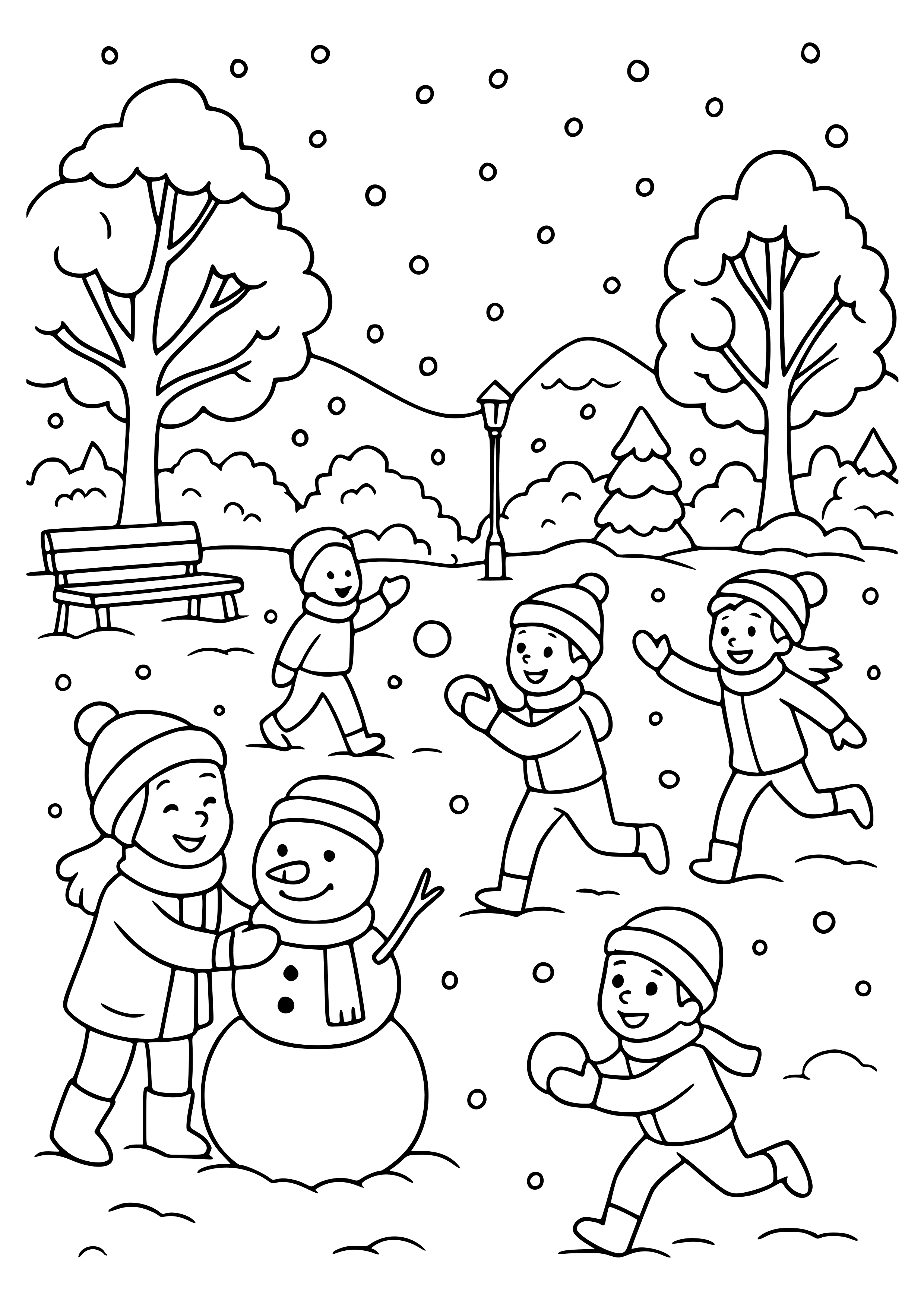 Snowy Park with Children Playing Coloring Page