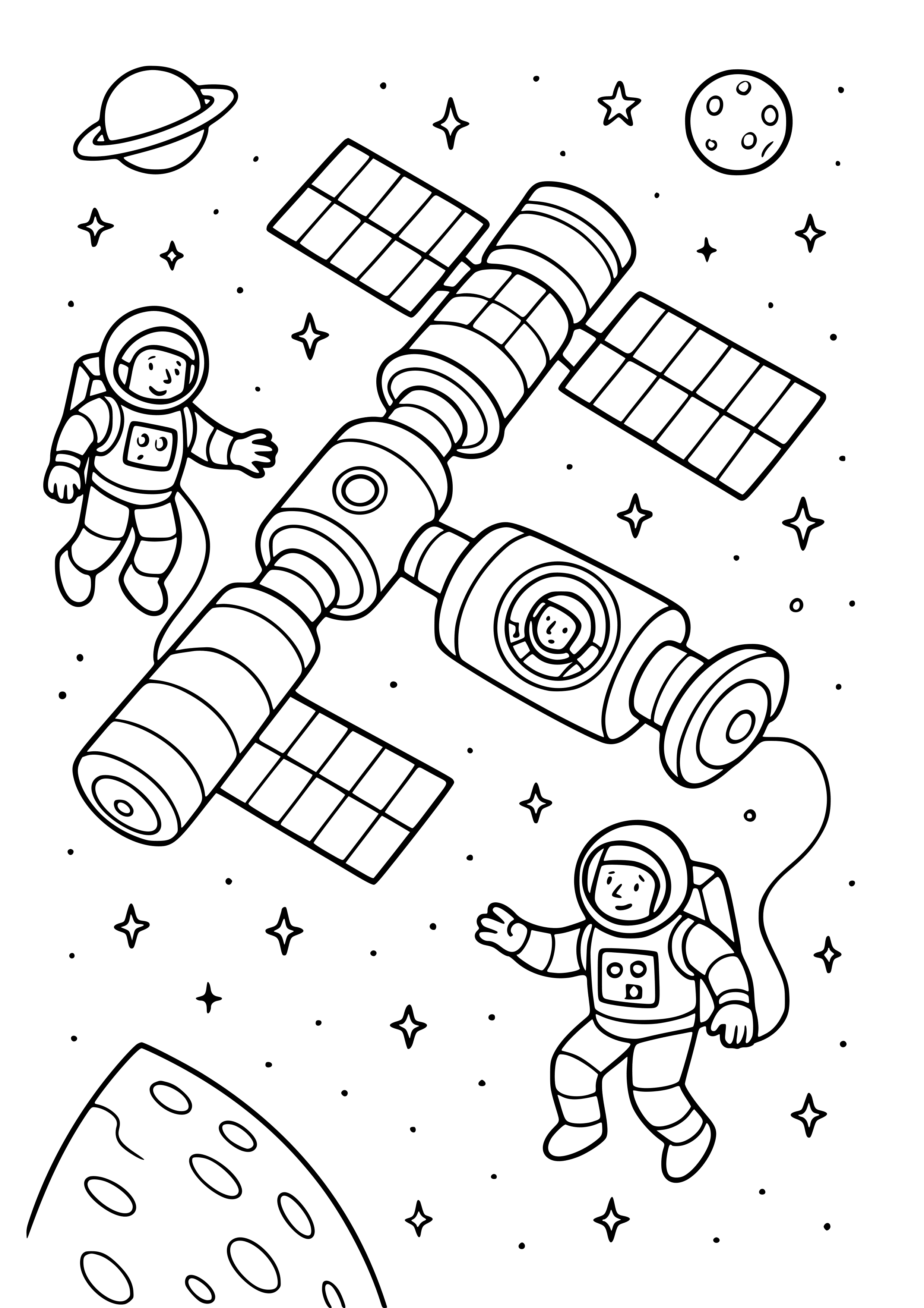 Space Station with Astronauts Coloring Page