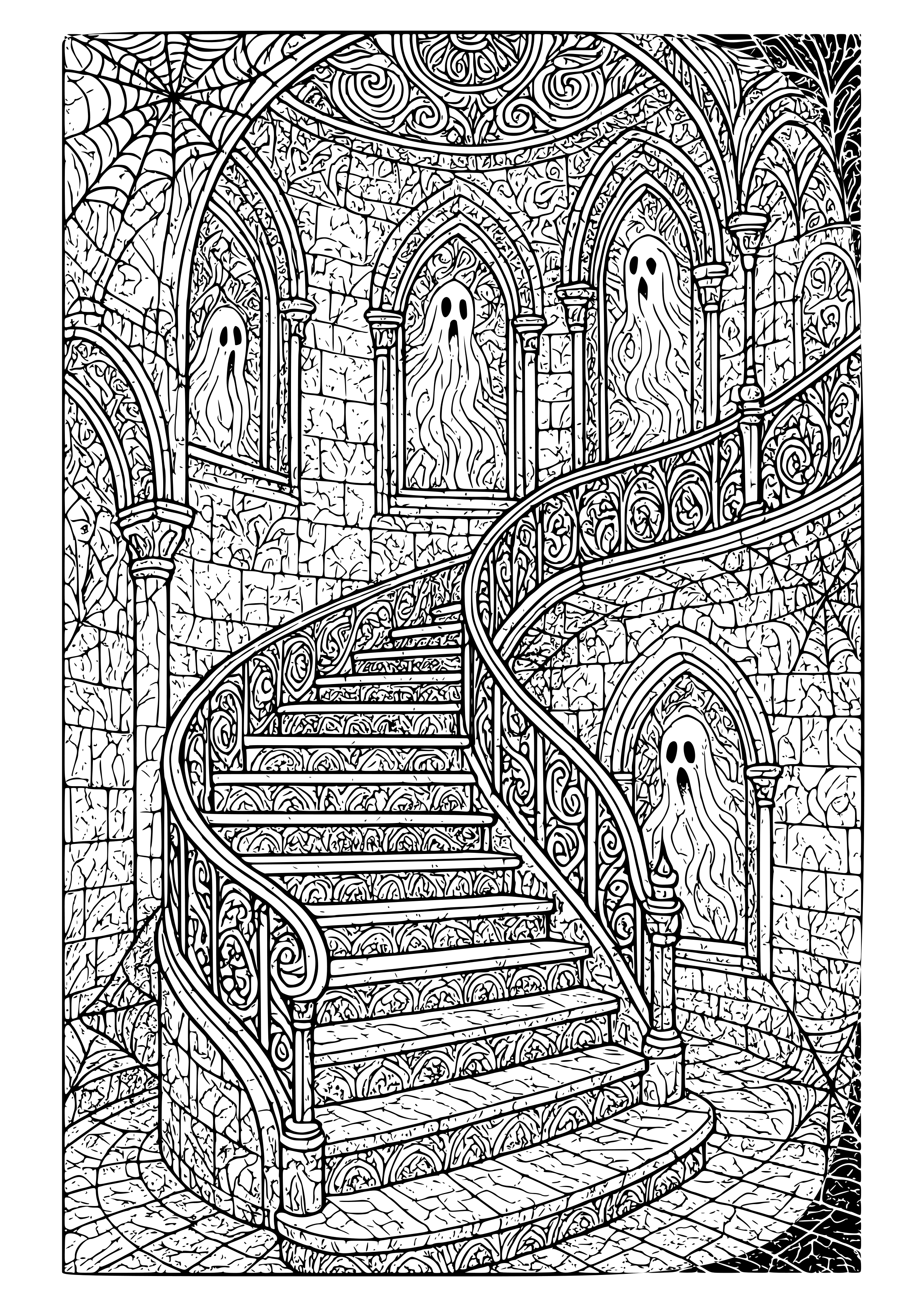 Spiraling Staircase Inside a Haunted Tower Coloring Page
