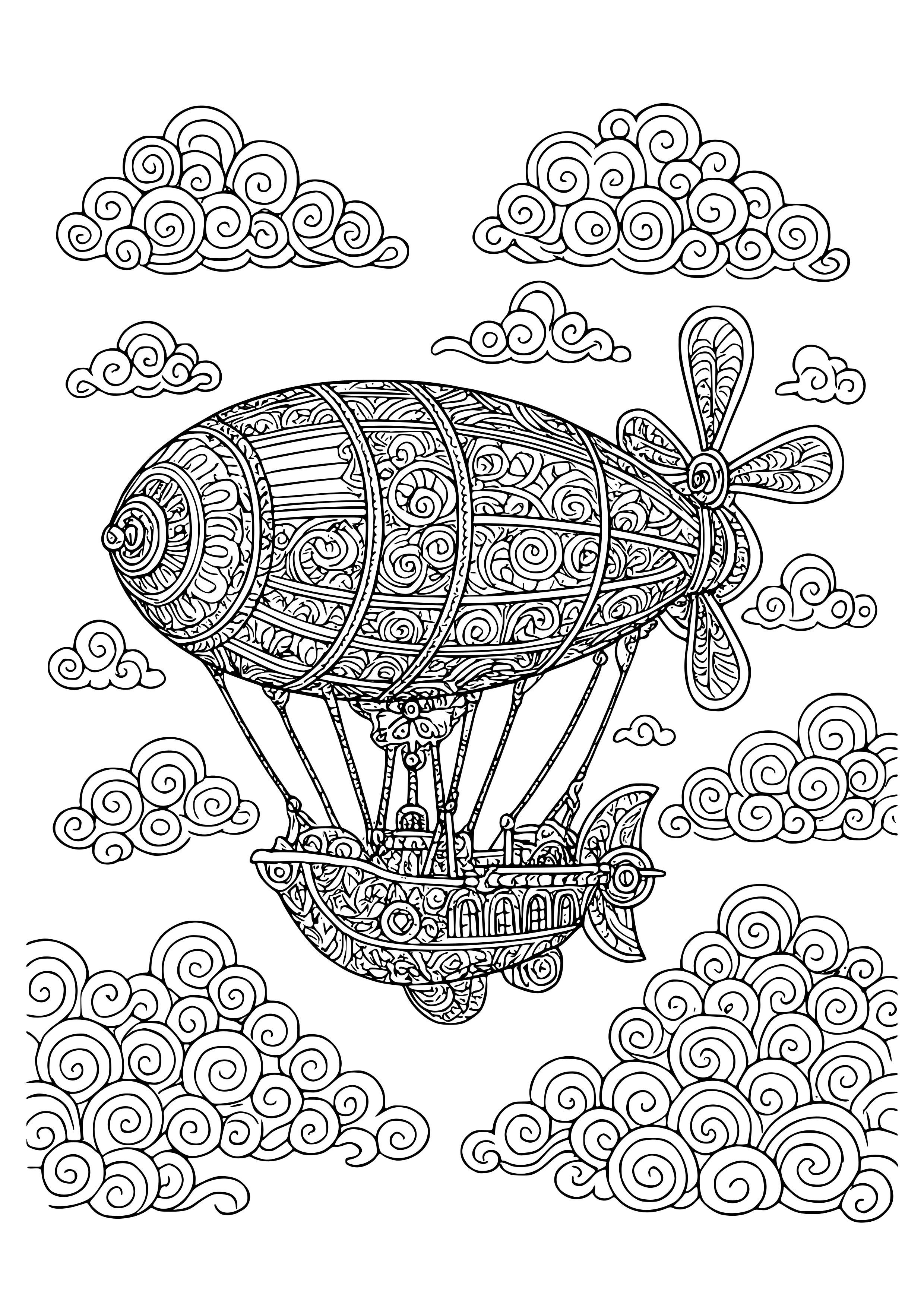 Steampunk Airship Flying in the Clouds Coloring Page