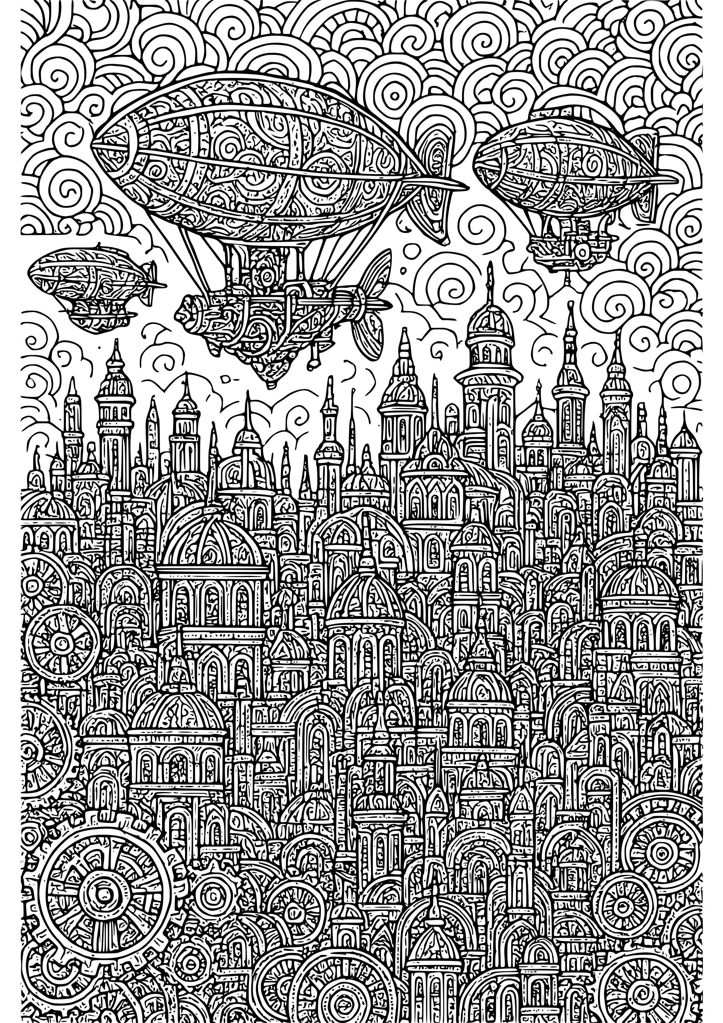 Steampunk City with Airships Coloring Page