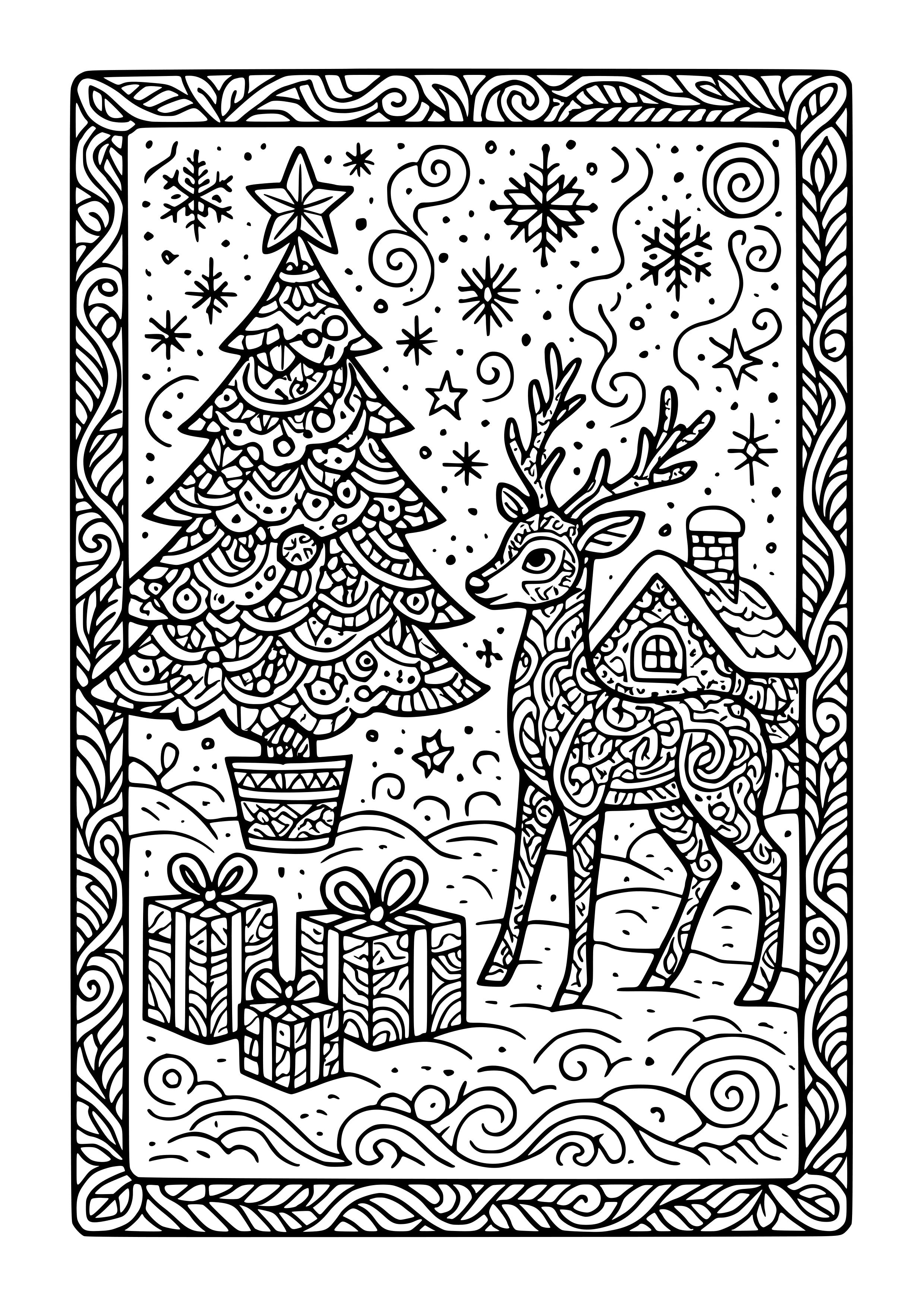 Stylized Holiday Scene with Patterns Coloring Page
