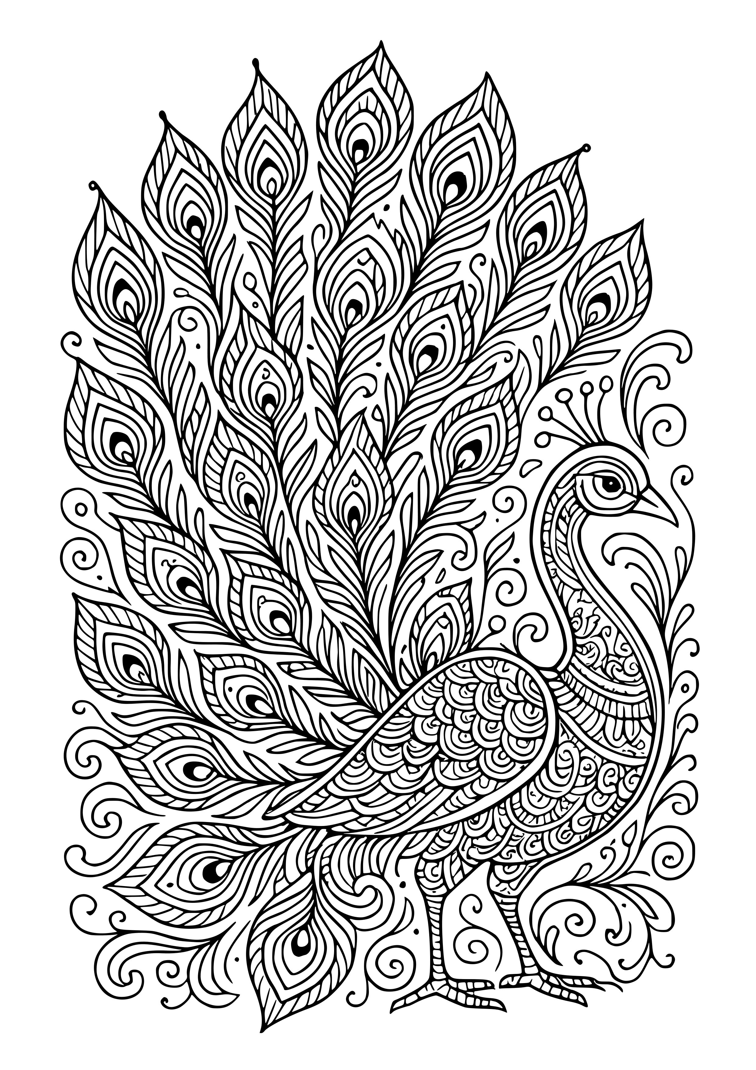 Stylized Peacock with Intricate Feathers Coloring Page