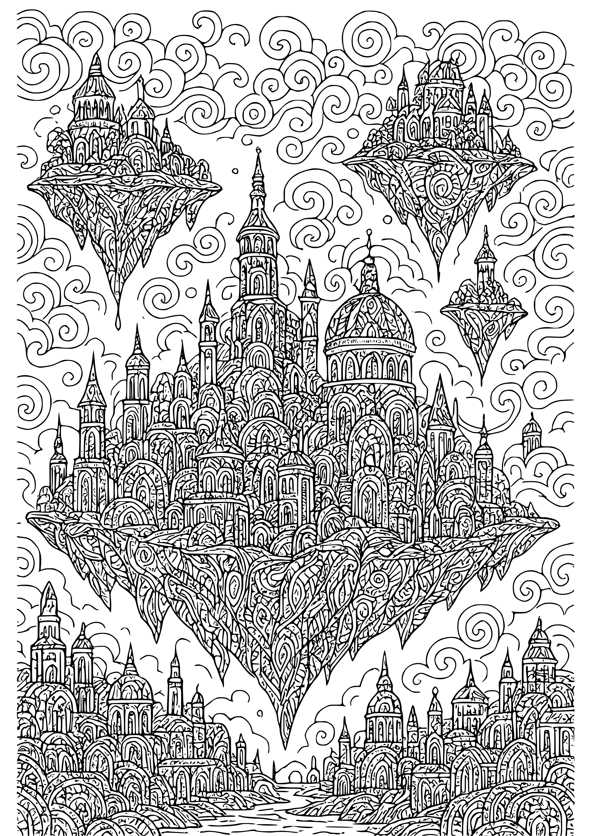 Surreal City with Floating Islands Coloring Page