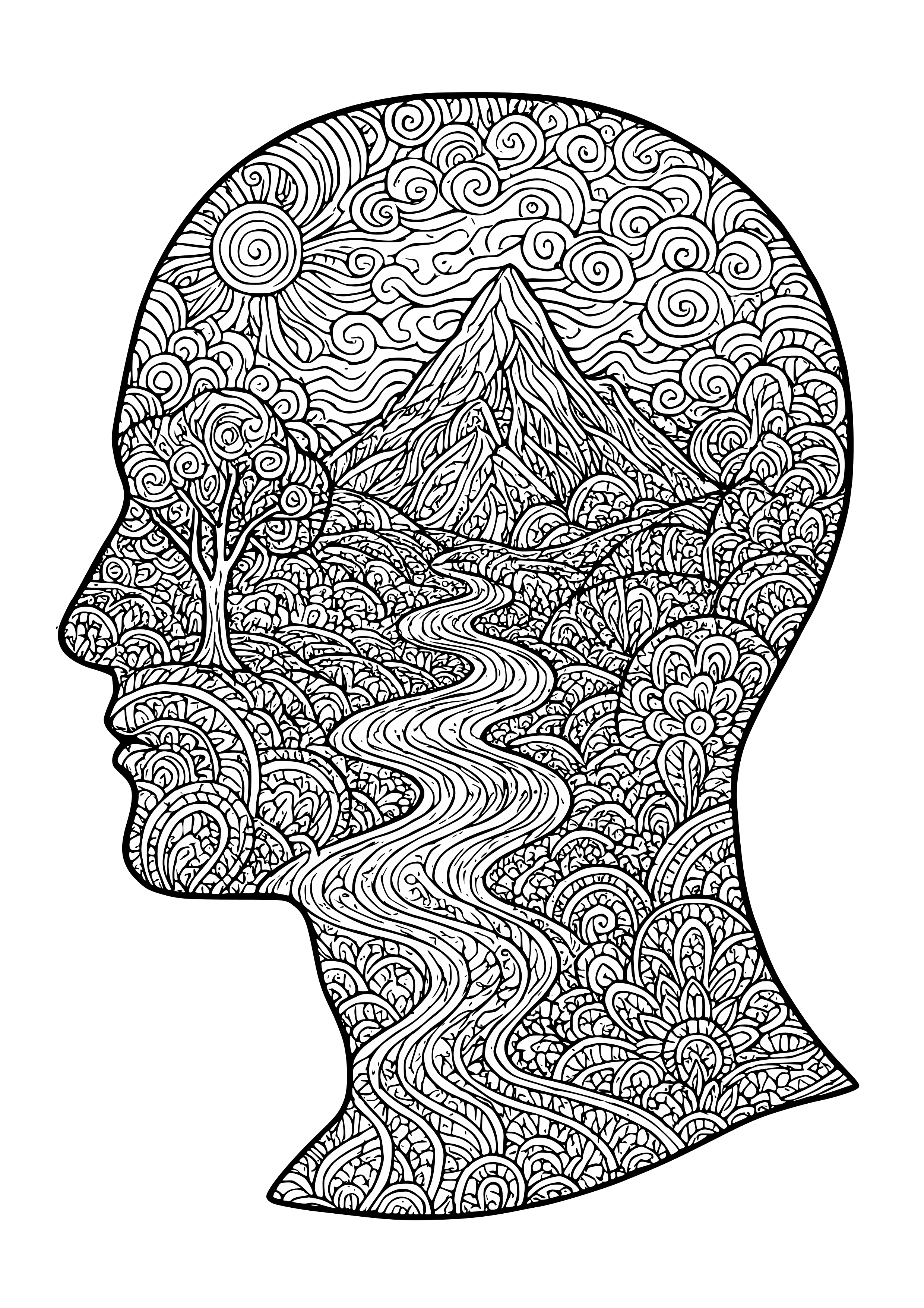 Surreal Landscape Within a Detailed Human Head Coloring Page