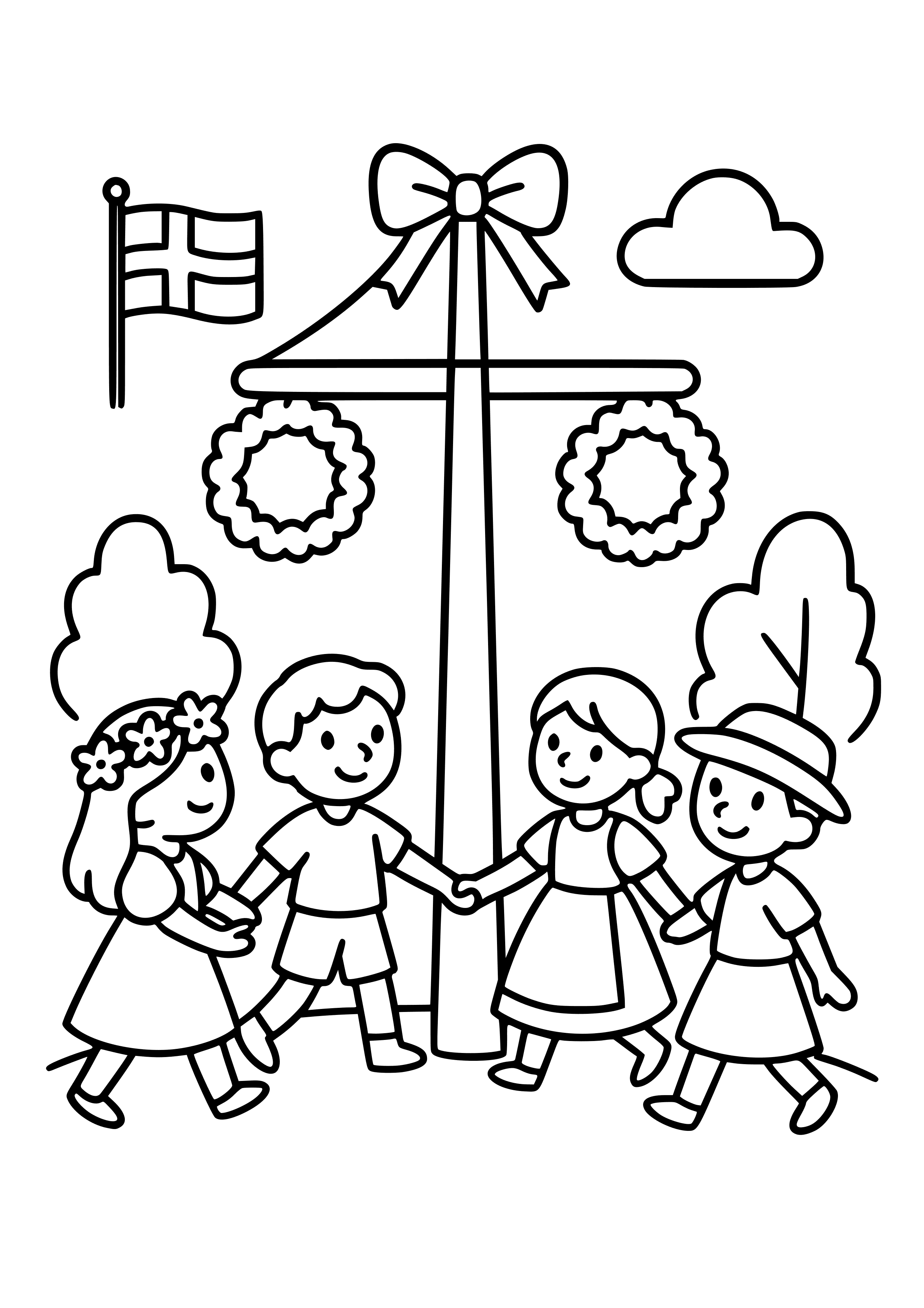 Swedish Midsummer Celebration with Maypole Coloring Page