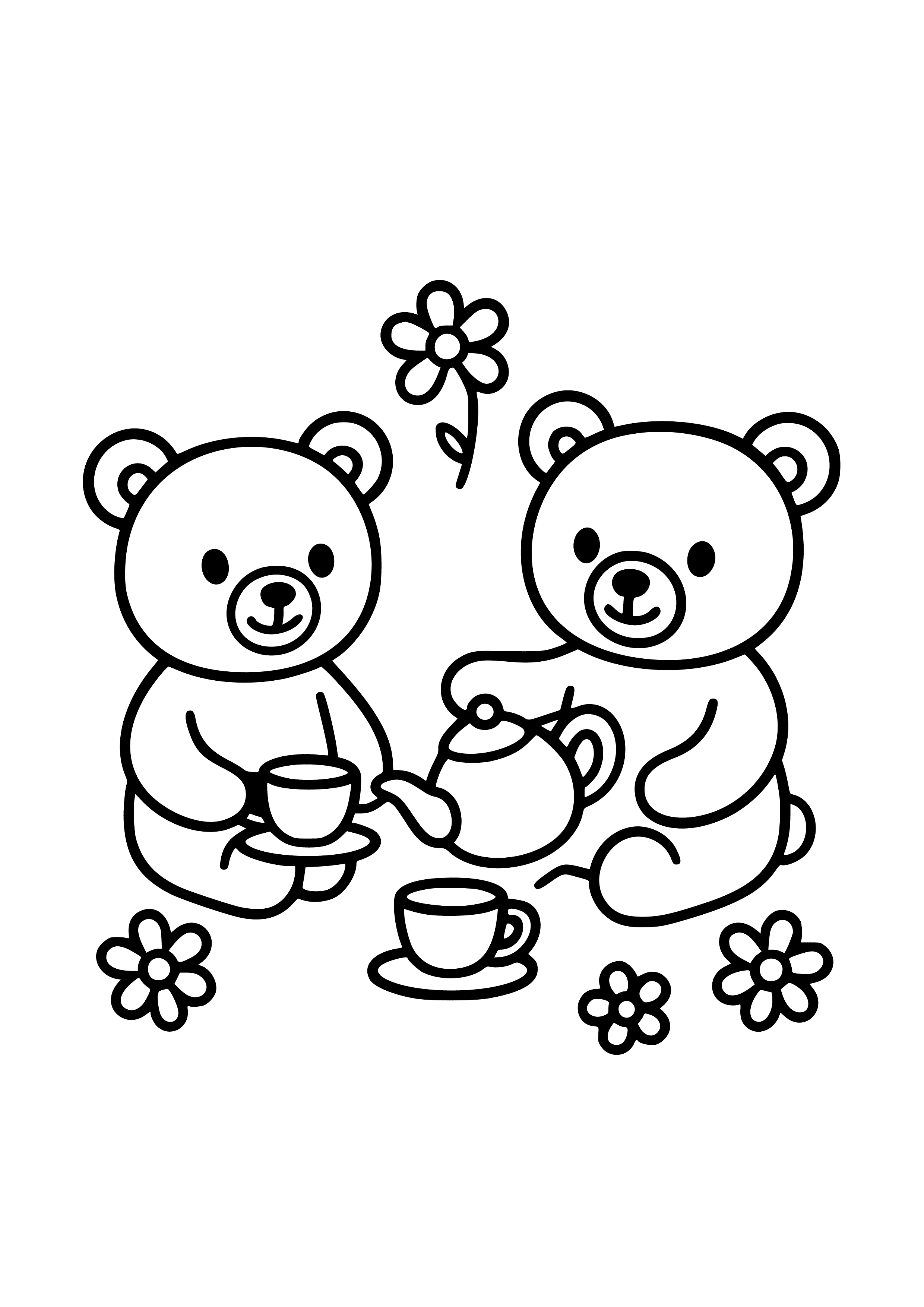 Tea Party with Teddy Bears and Flowers Coloring Page