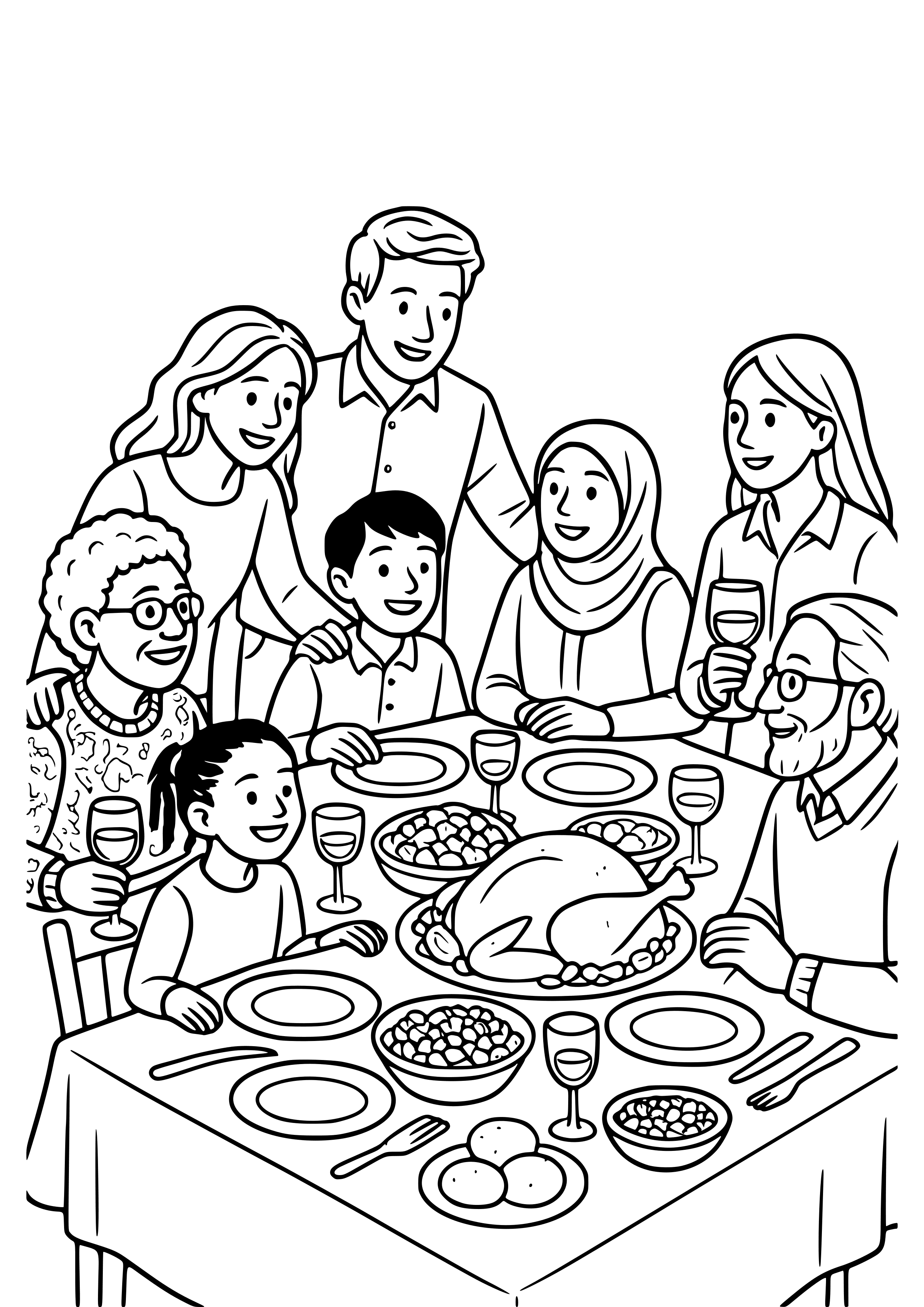 Thanksgiving Gathering with Diverse Families Coloring Page