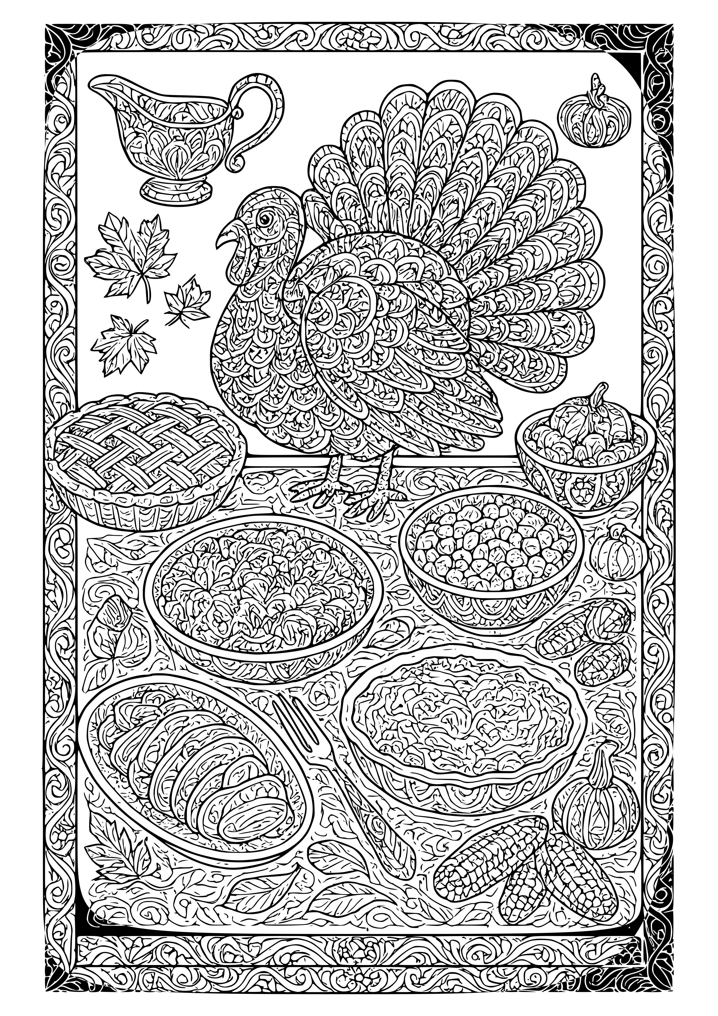 Thanksgiving Table with Various Dishes Coloring Page
