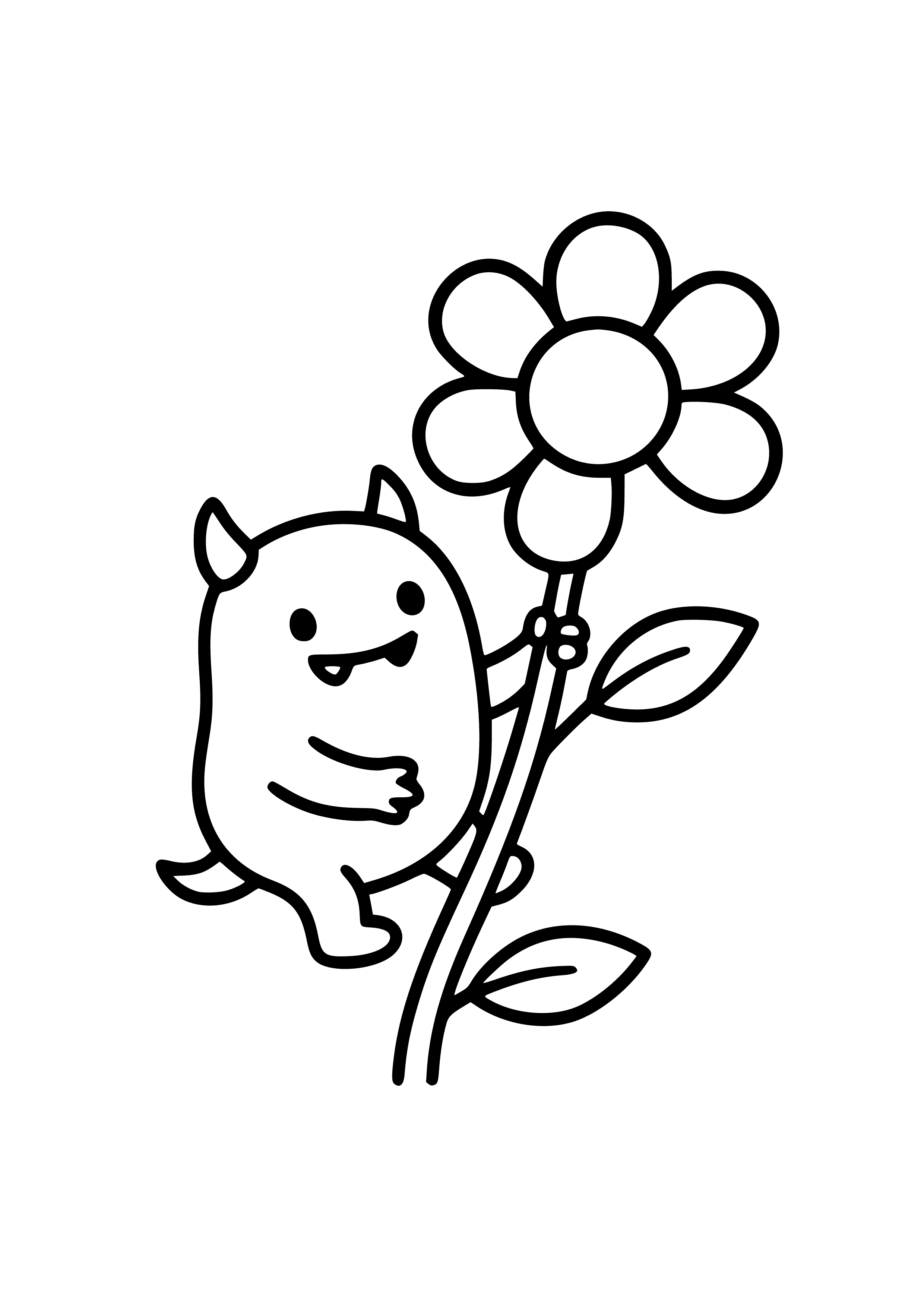 Tiny Blue Monster Climbing a Flower Coloring Page