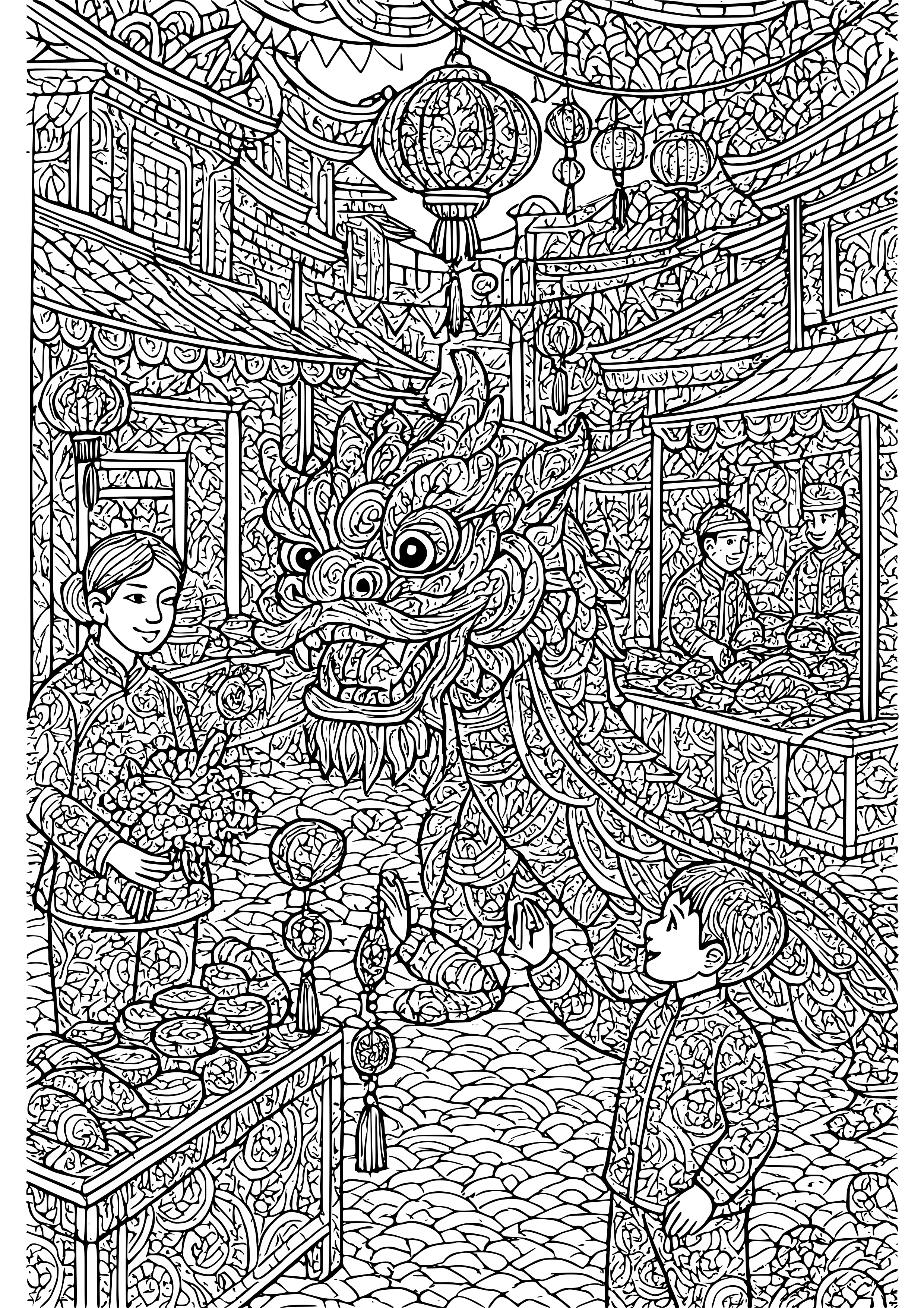 Traditional New Year Street Market Scene Coloring Page