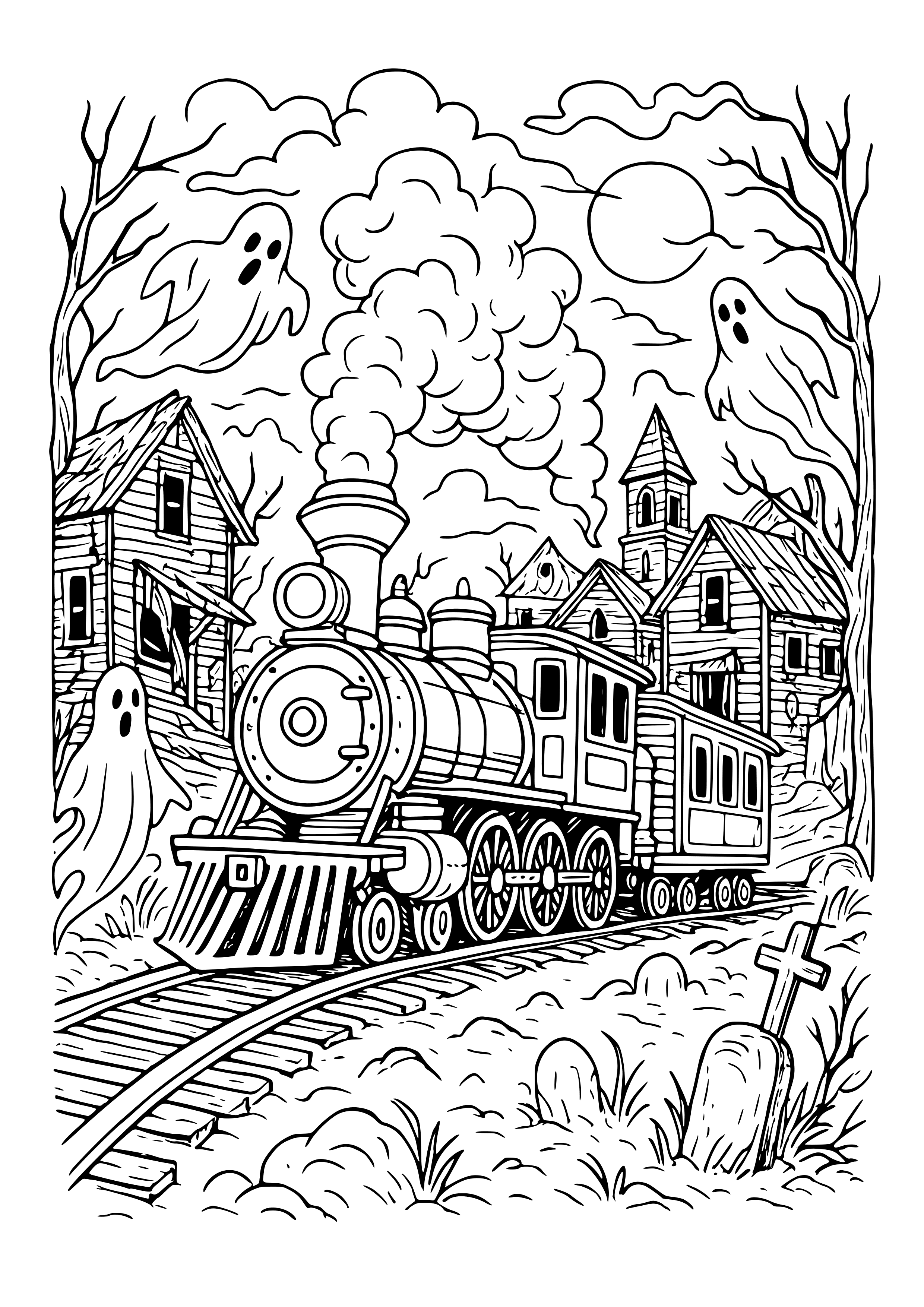 Train Exploring a Haunted Ghost Town Coloring Page