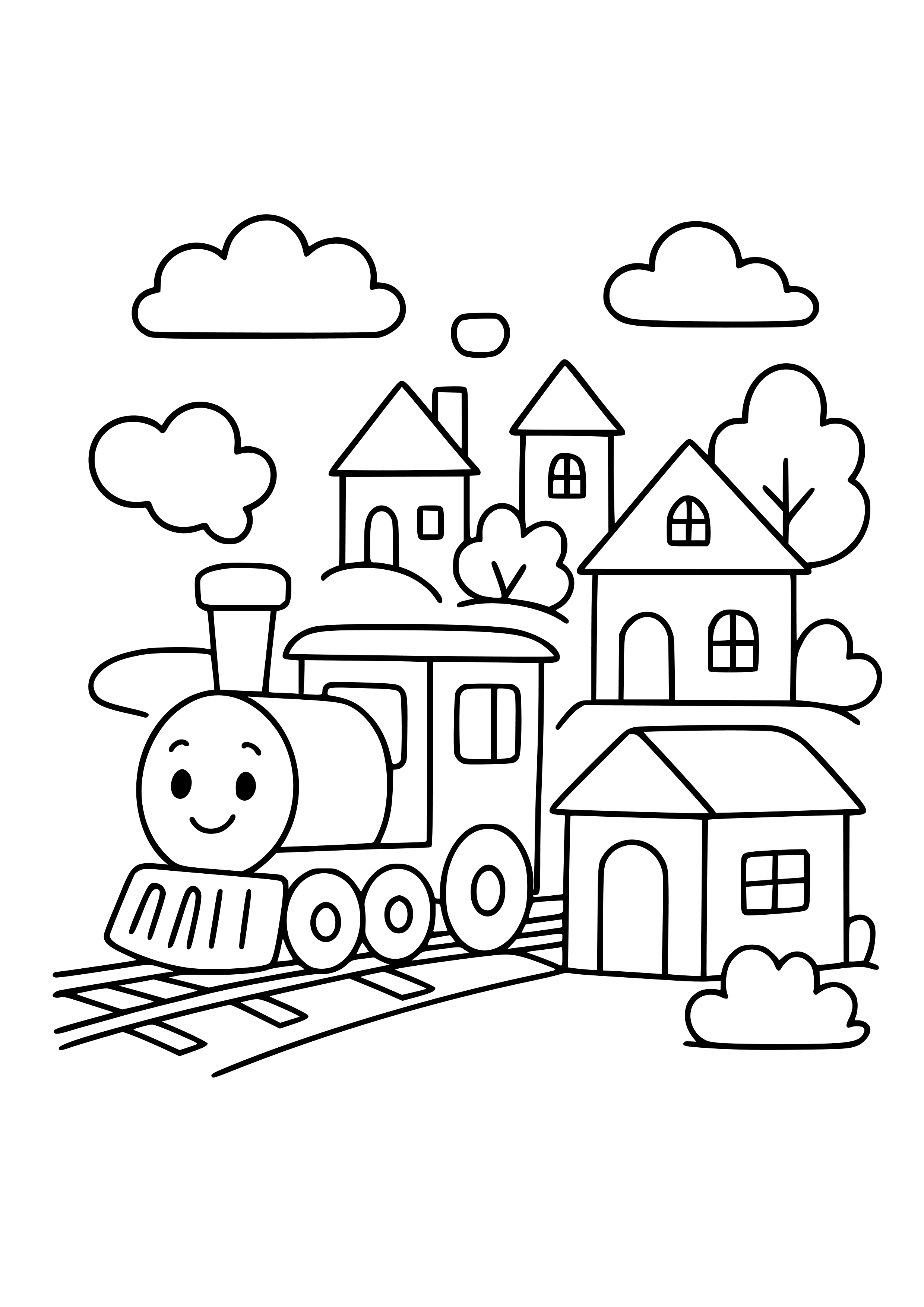 Train Making a Stop at a Tiny Village Coloring Page