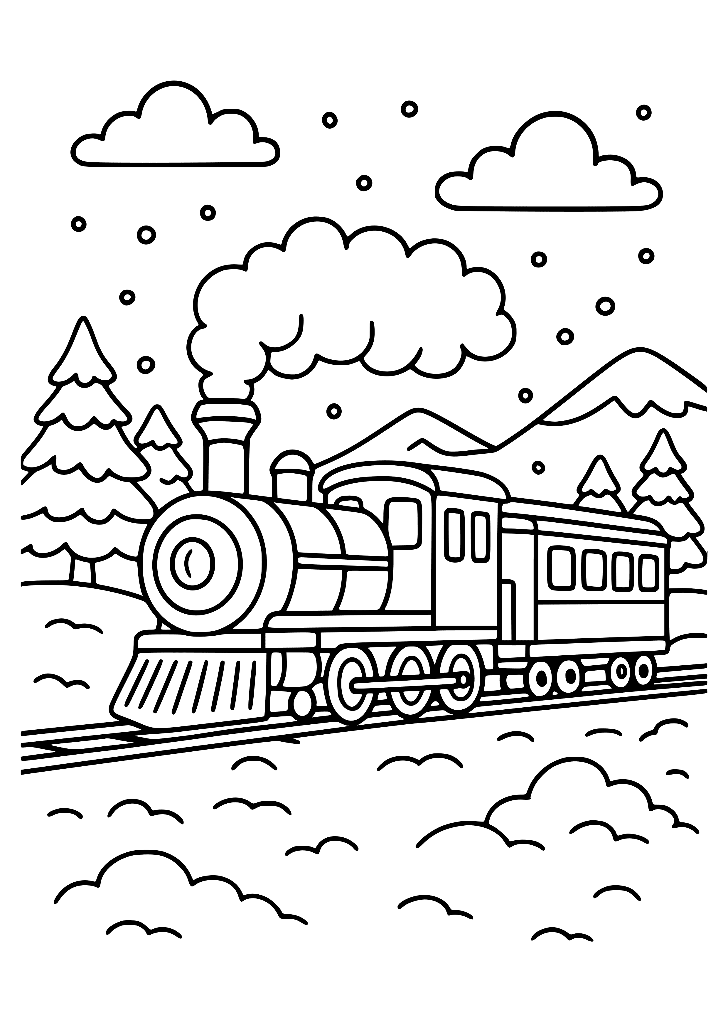 Train Passing Through a Snowy Landscape Coloring Page