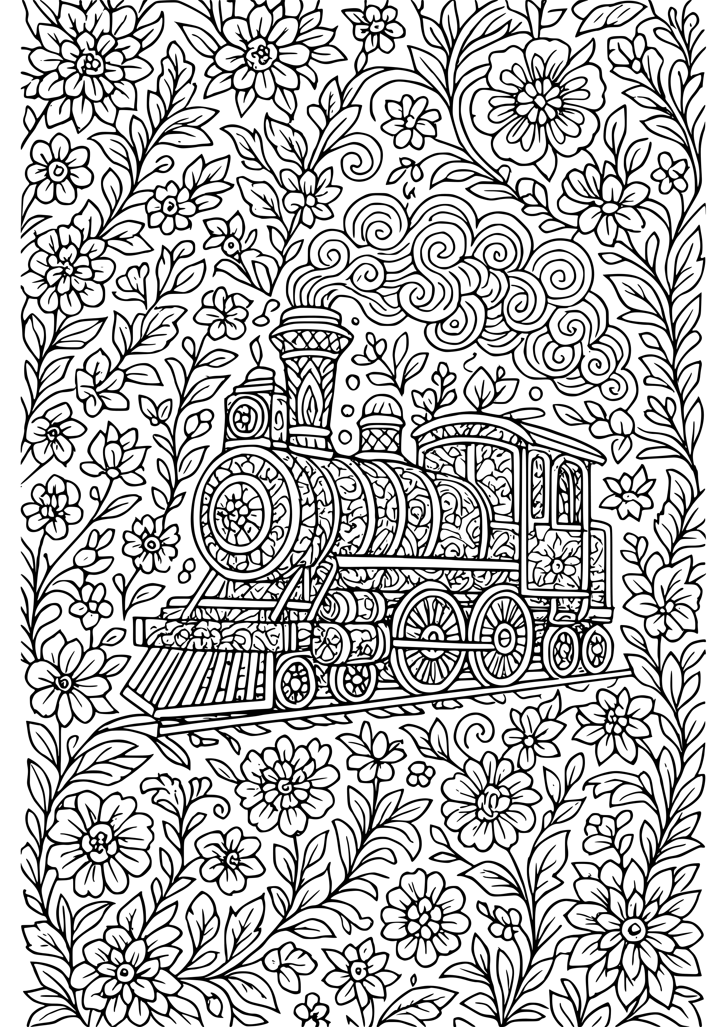 Train Themed Floral Pattern Coloring Page