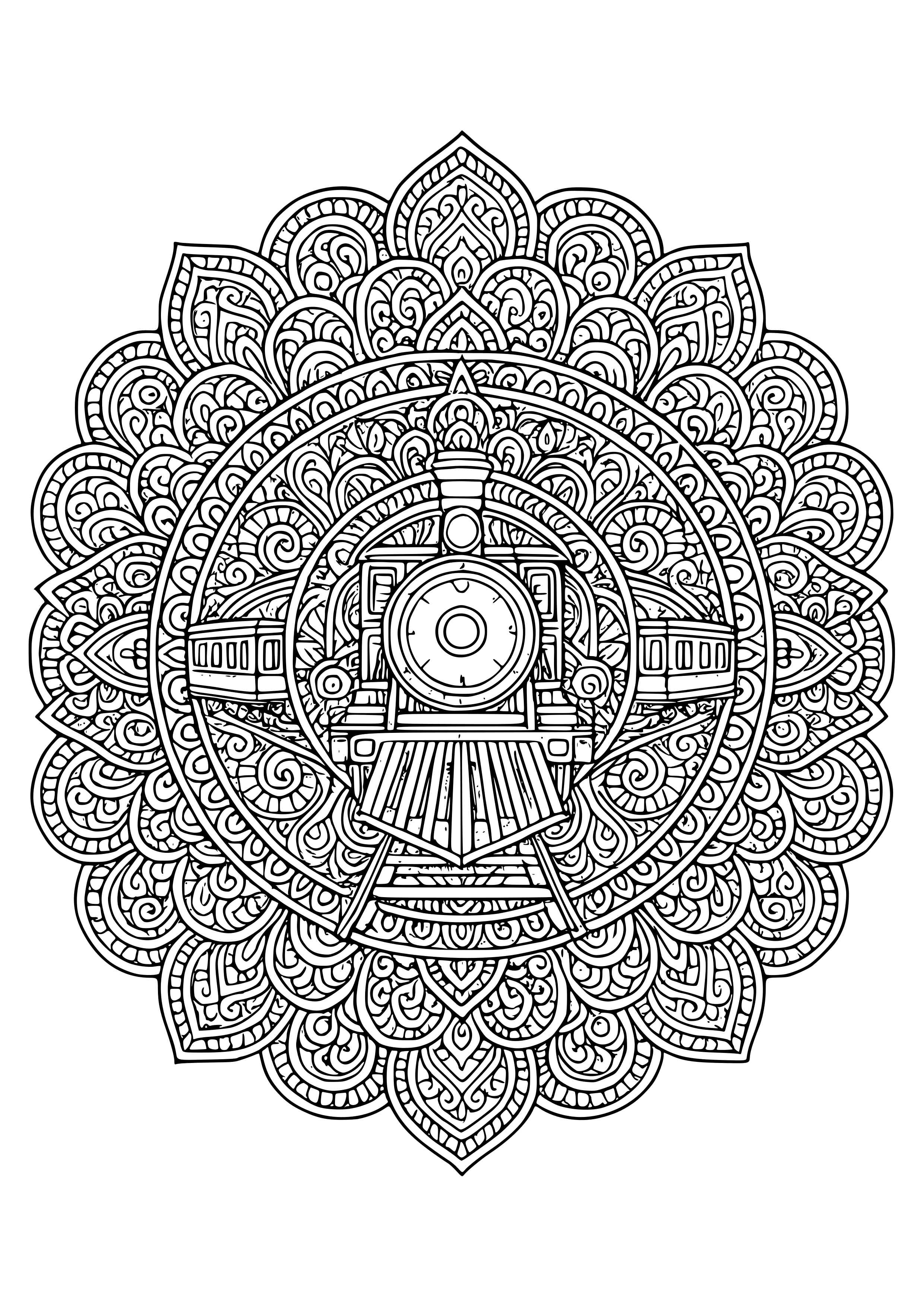 Train Themed Mandala Design Coloring Page