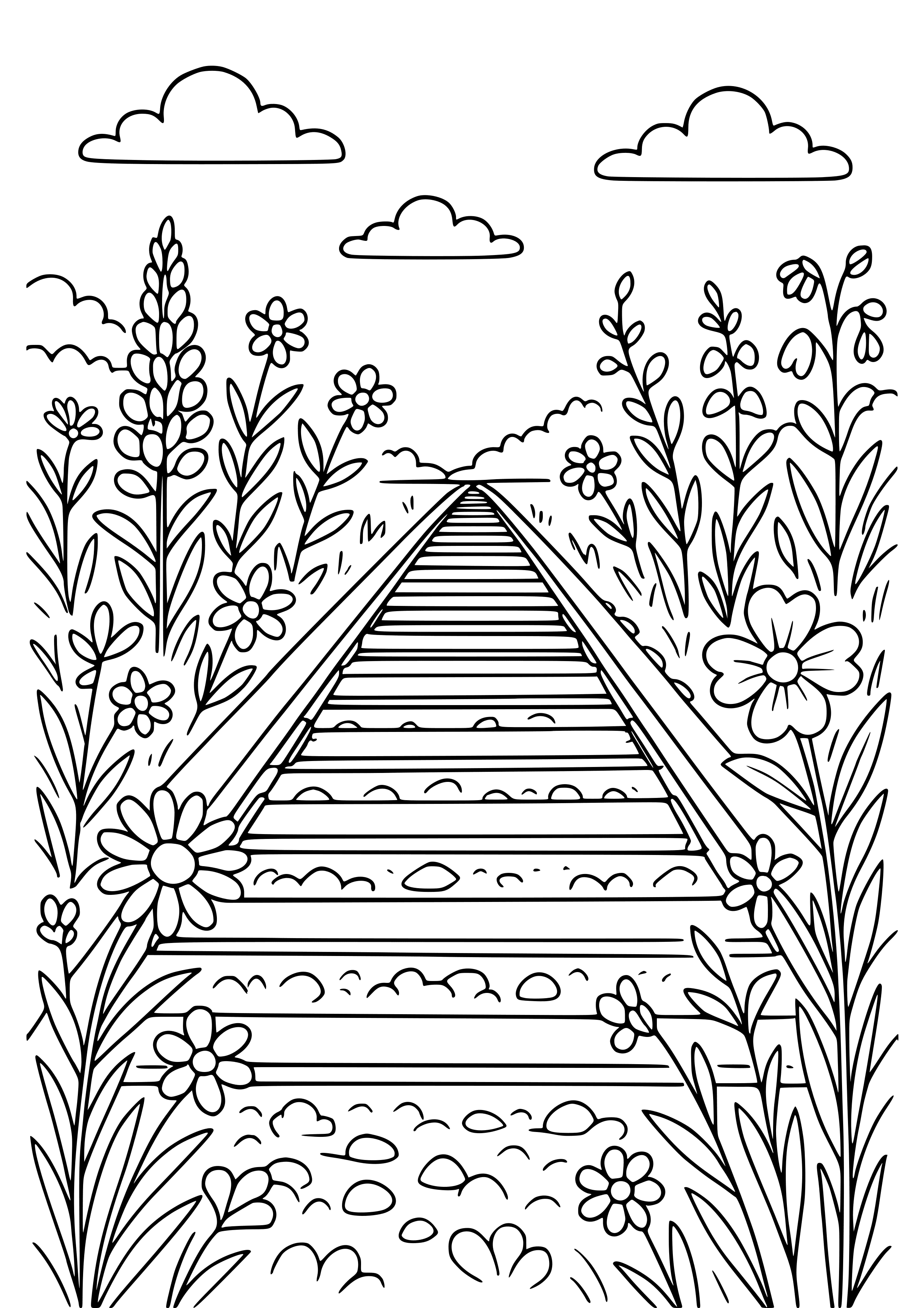 Train Track with Wildflowers on the Side Coloring Page