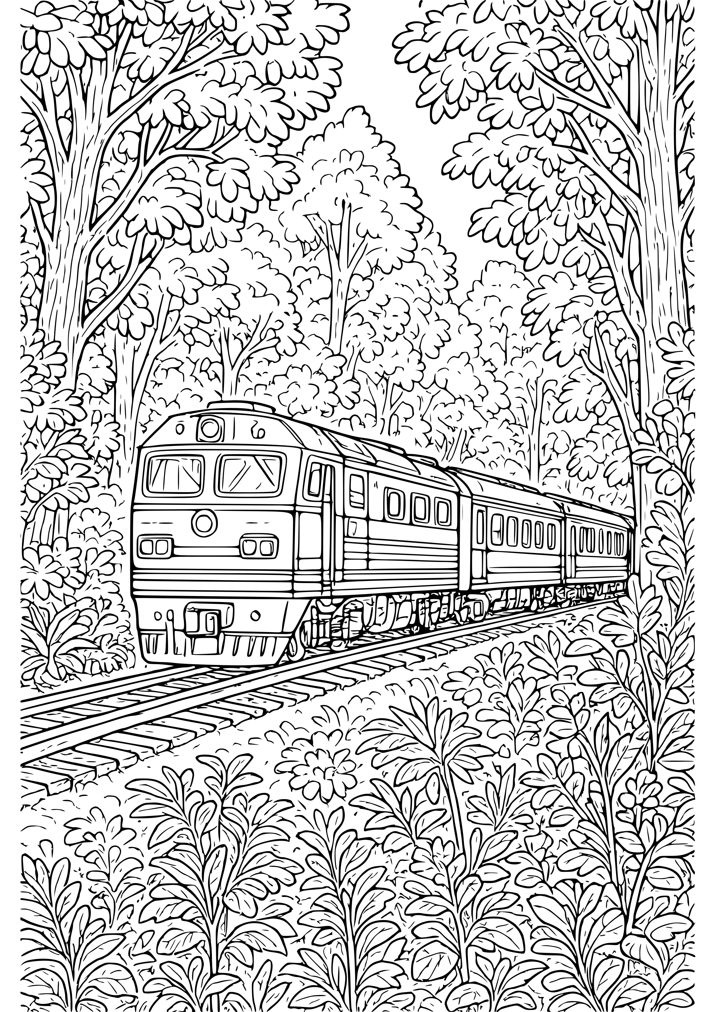 Train Traveling Through a Lush Forest Coloring Page