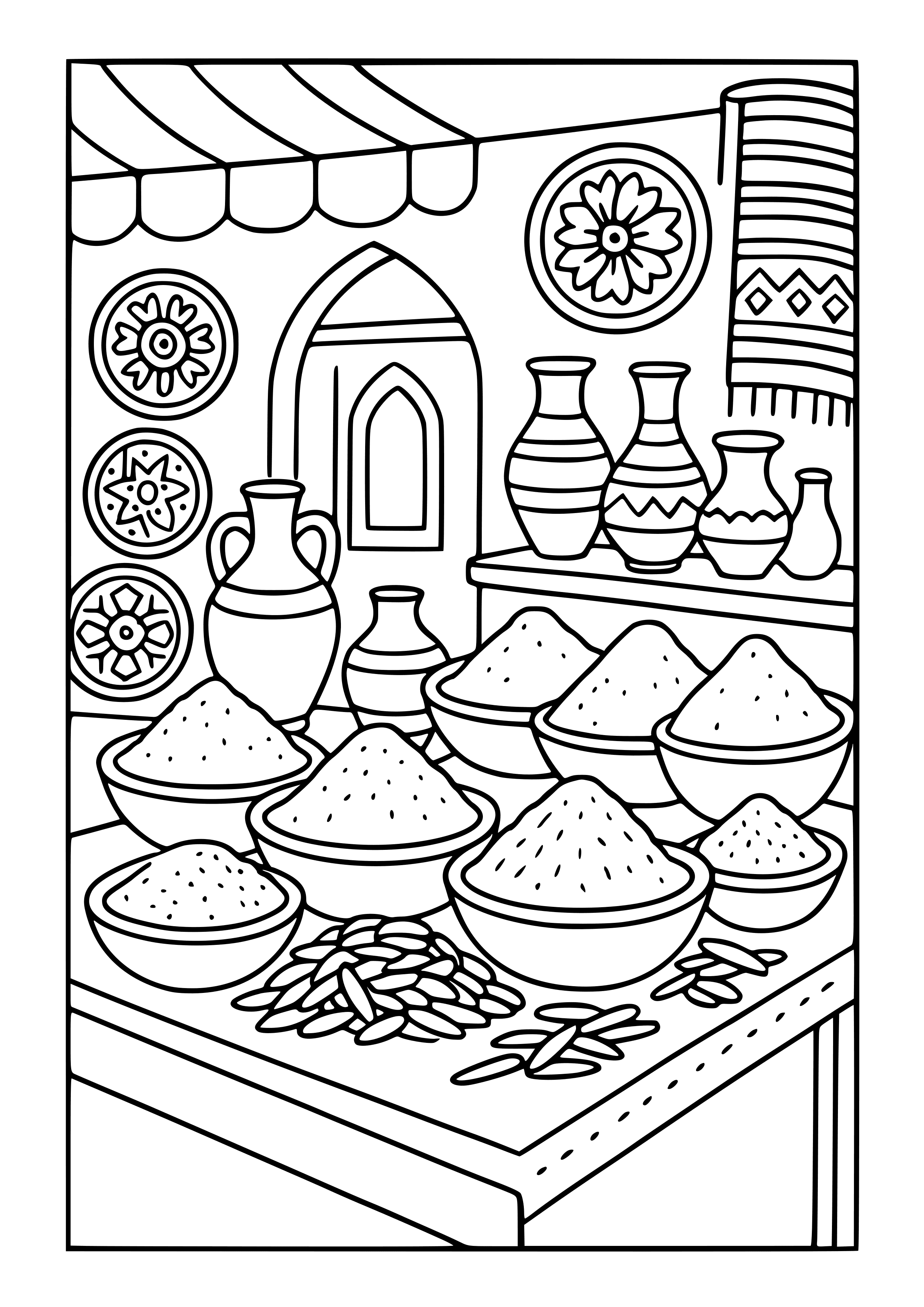 Tunisian Market with Spices and Ceramics Coloring Page