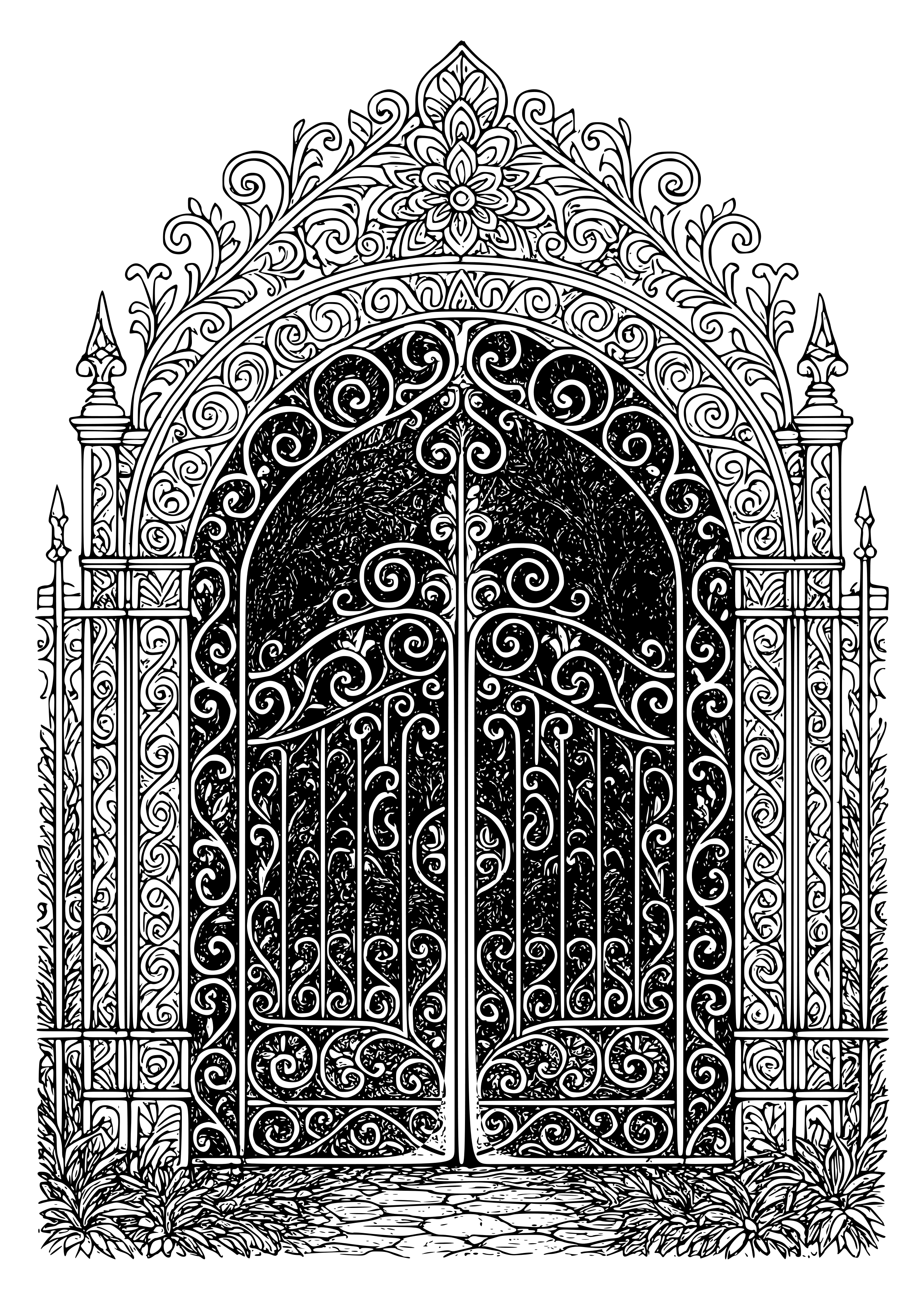 Twisted Wrought Iron Gate Leading to a Dark Garden Coloring Page