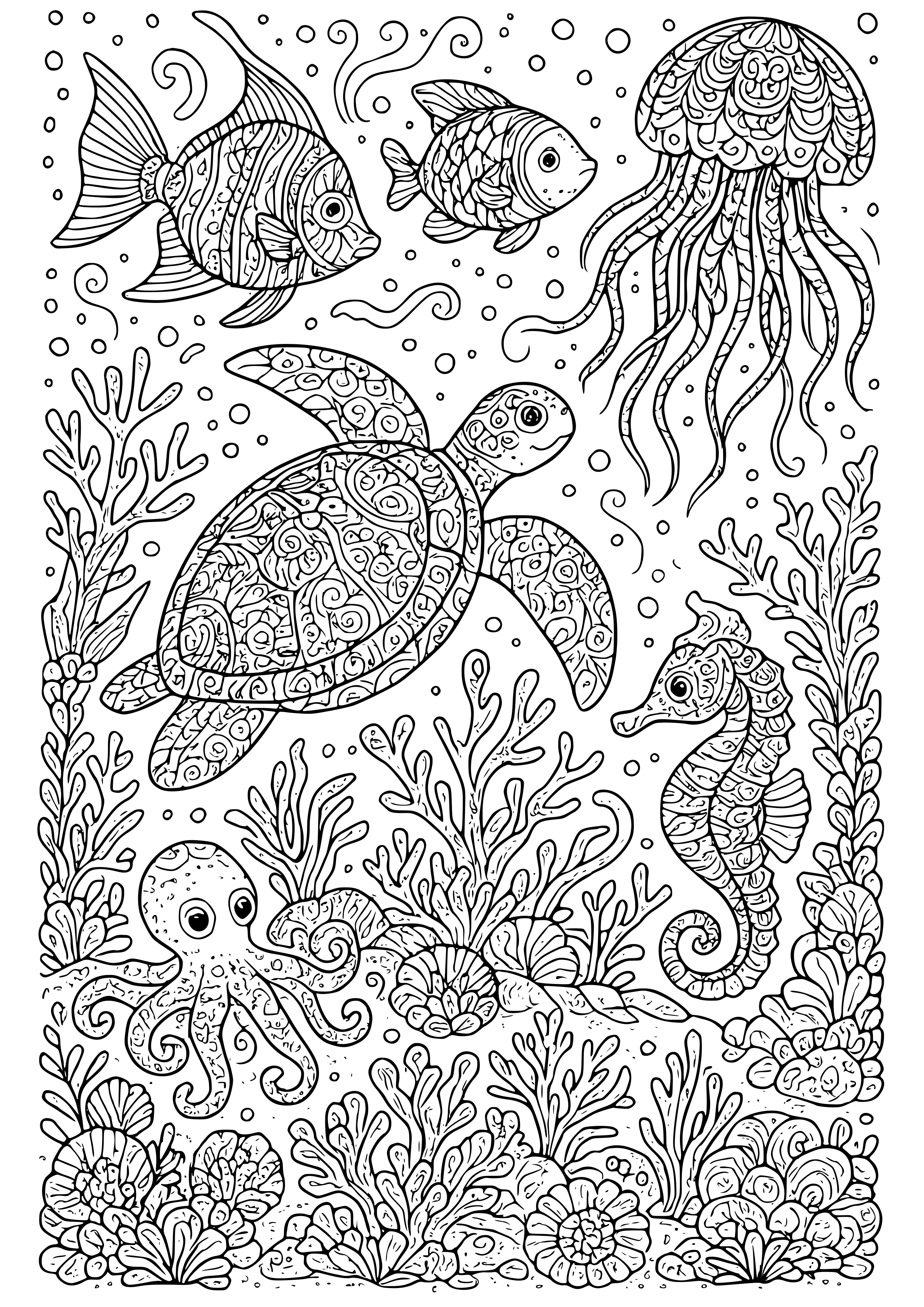 Underwater Scene with Colorful Sea Life Coloring Page